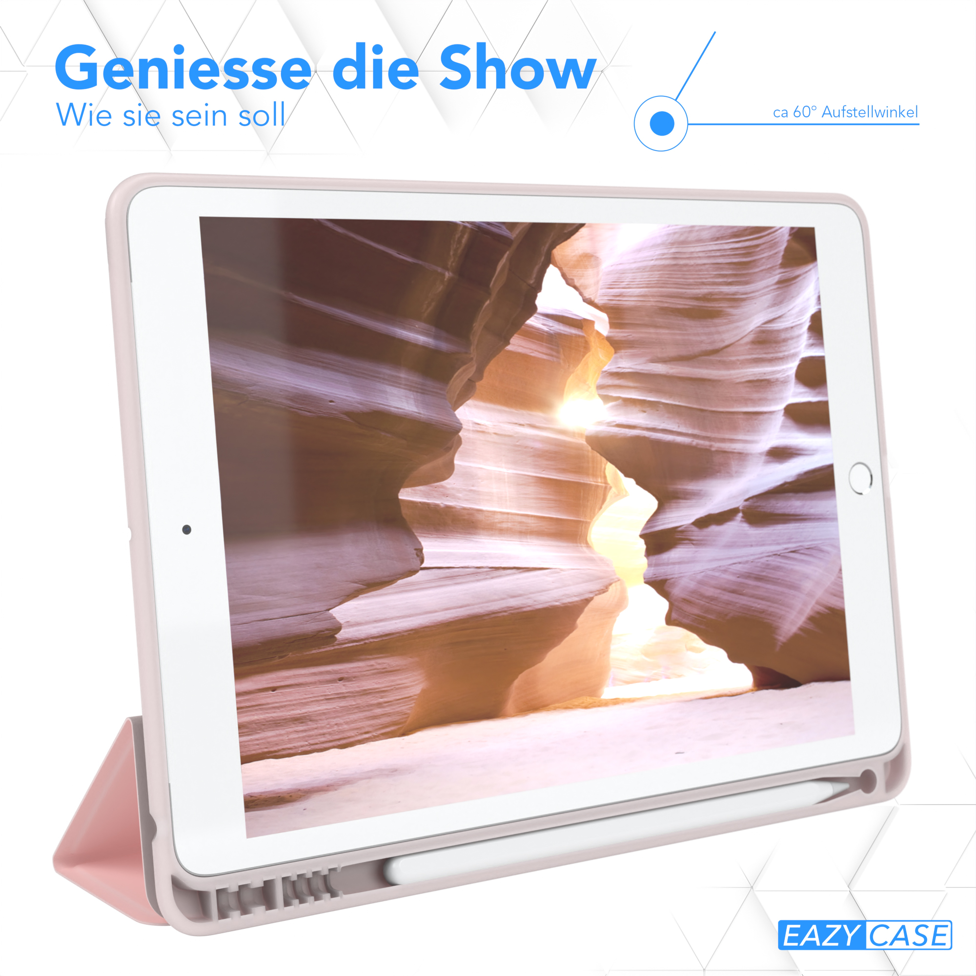 Ein Tablet mit rosa Hülle ist geöffnet und zeigt eine Canyon-Landschaft.