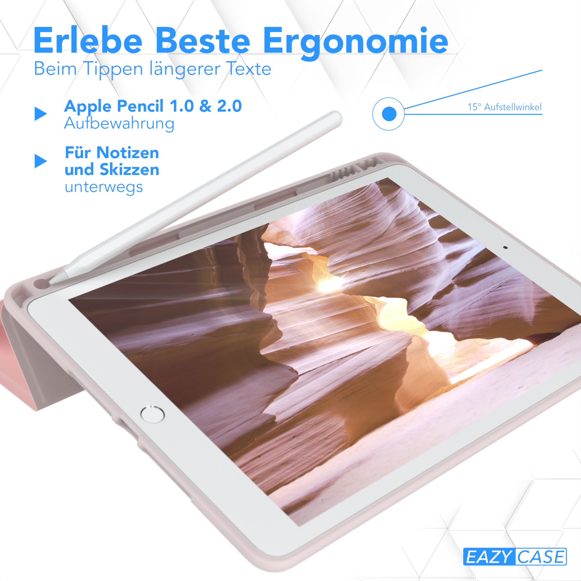 Ein iPad mit einem weißen Stift. Text: Erlebe Beste Ergonomie. Eine rosa Hülle ist sichtbar.