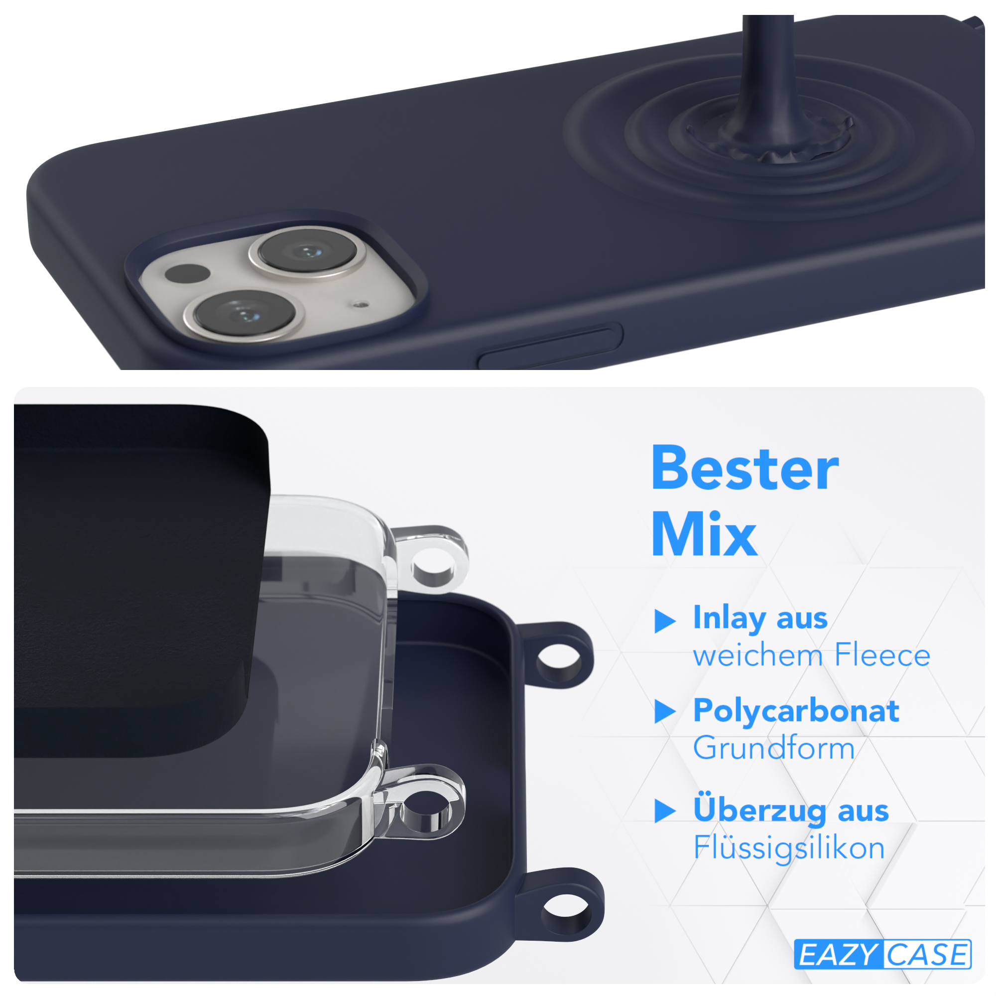Handyhüllen-Schichten: blau, klar und blaue Basis, mit einem Telefon und einem kreisförmigen Ladepad.