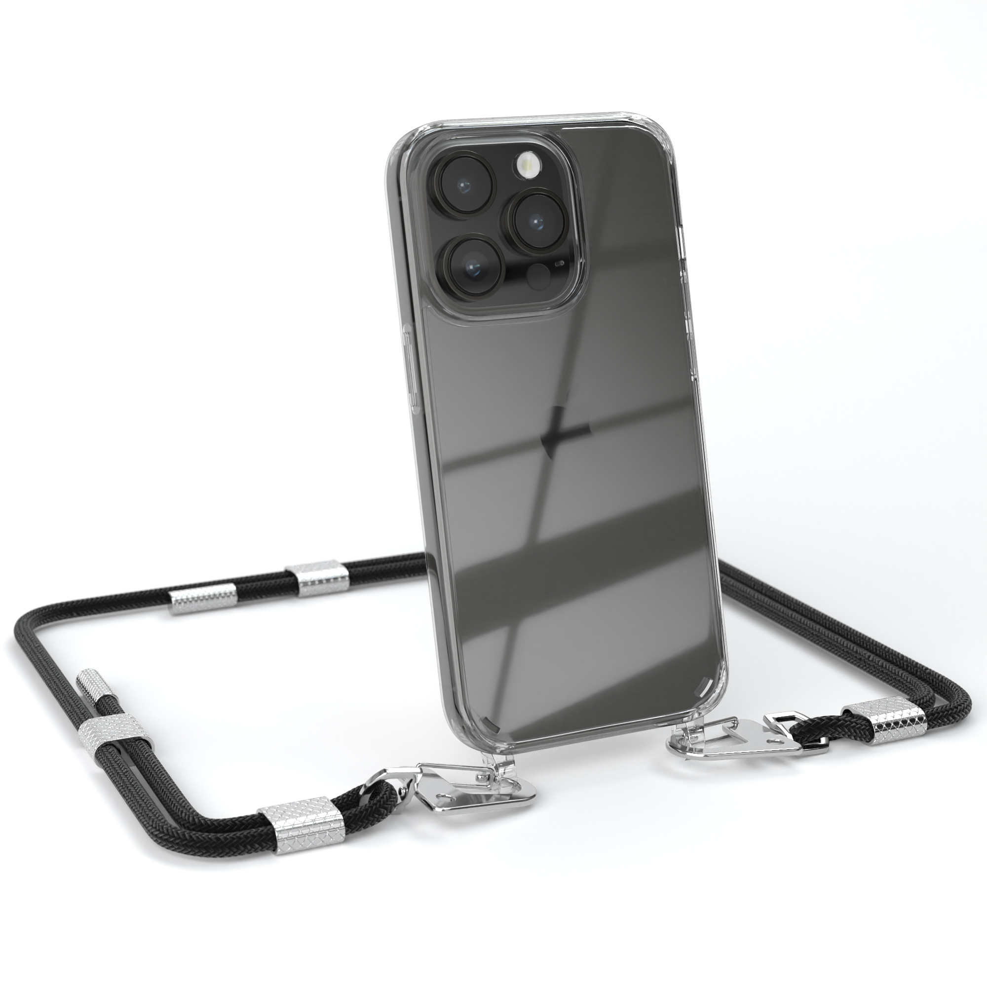 Klares Telefon mit schwarzem Band. Das Telefon lehnt an etwas.