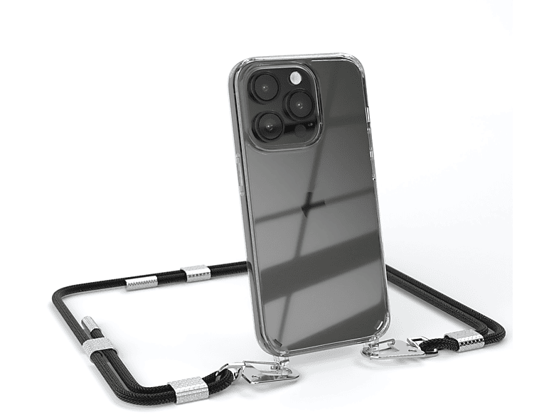 EAZY CASE Transparente Handyhülle mit runder Kordel + Karabiner, Umhängetasche, Apple, iPhone 14 Pro, Schwarz / Silber