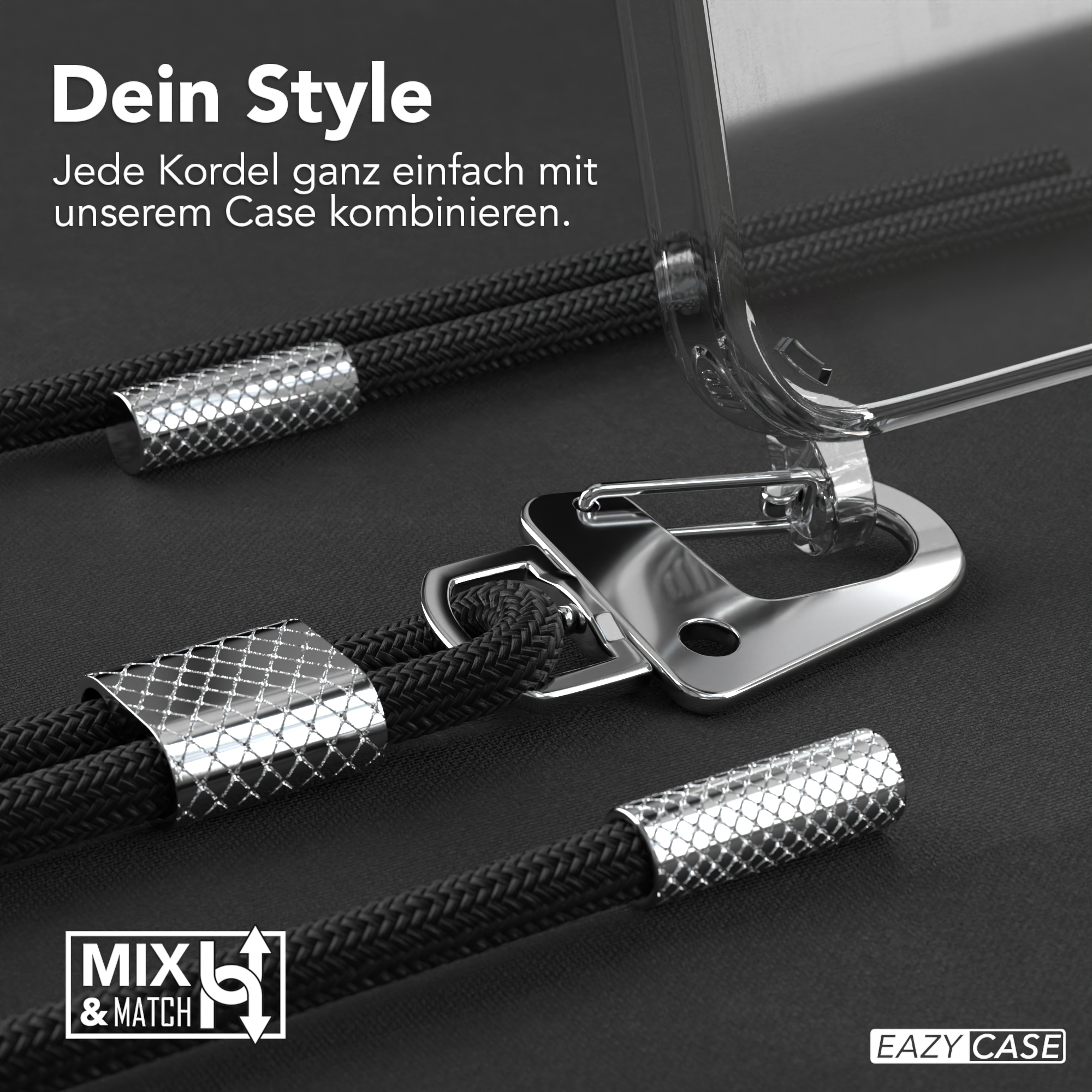 Schwarze Telefonkabel mit silbernen Akzenten auf schwarzem Untergrund. Text: 'Dein Style'.