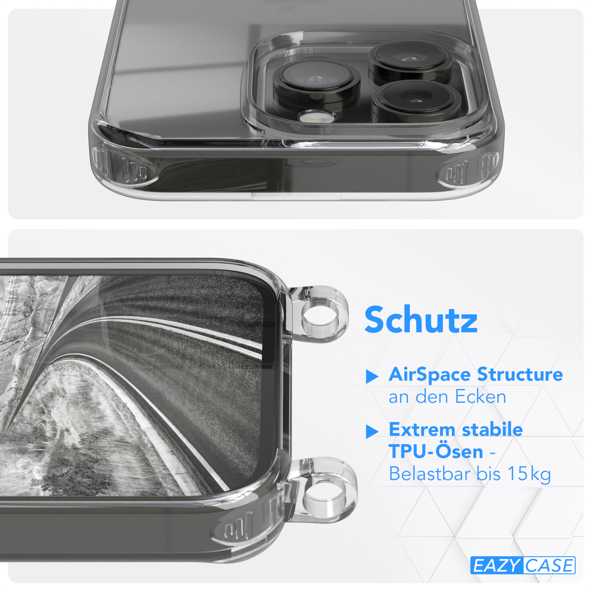 Handyhülle mit Schutzdetails. AirSpace Structure an Ecken. TPU-Ösen bis 15 kg getestet.