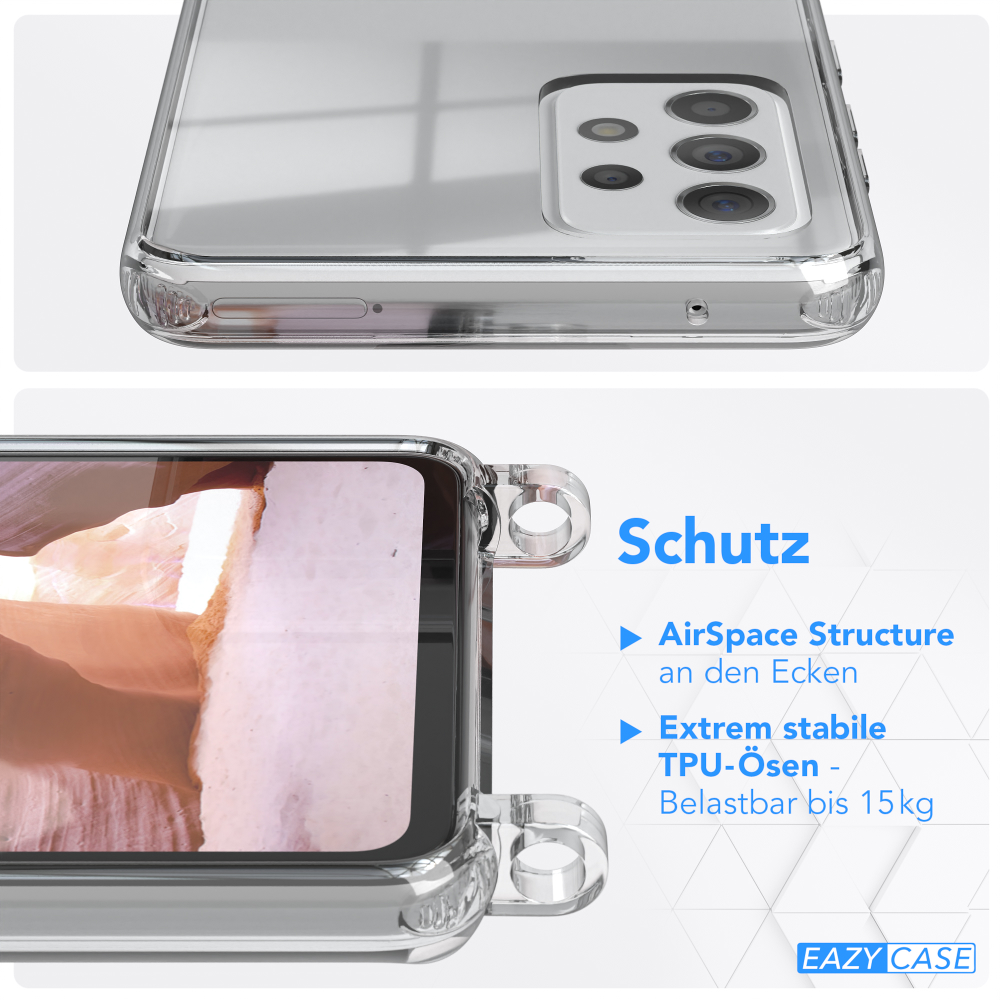 Detail einer transparenten Handyhülle. Text auf Deutsch: Schutz, AirSpace-Struktur, stabiles TPU, bis zu 15 kg Belastung.