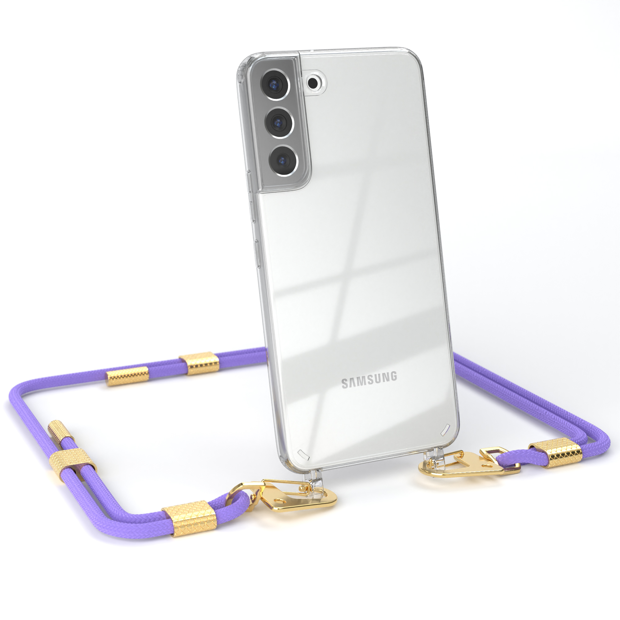 Klare Handyhülle mit lila Kordel. Samsung-Handy mit Dreifachkamera. Goldakzente an den Kabelbefestigungen.