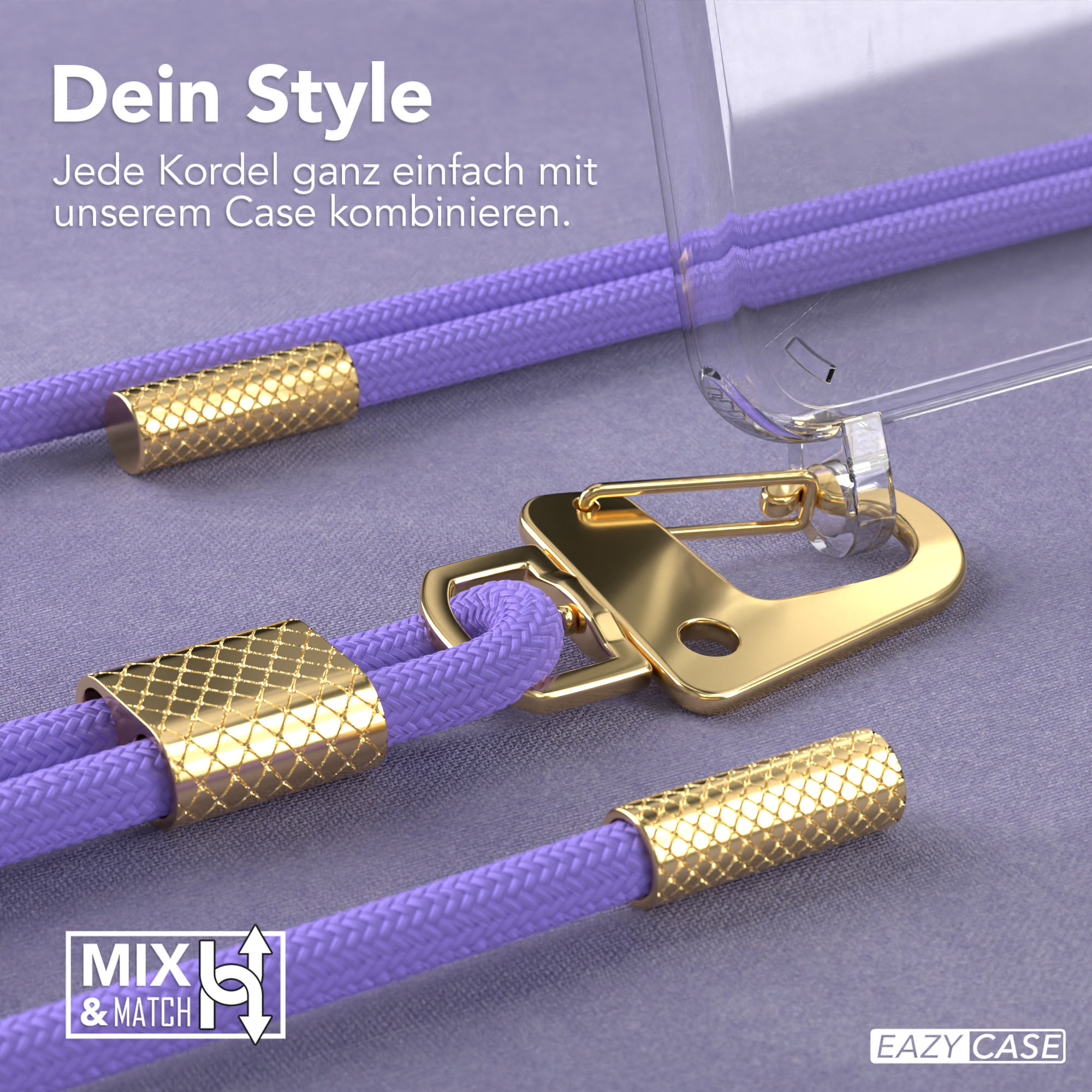Nahaufnahme von lila Telefonschnur und goldenen Metallaufsätzen. Text: Mit Hülle kombinieren.