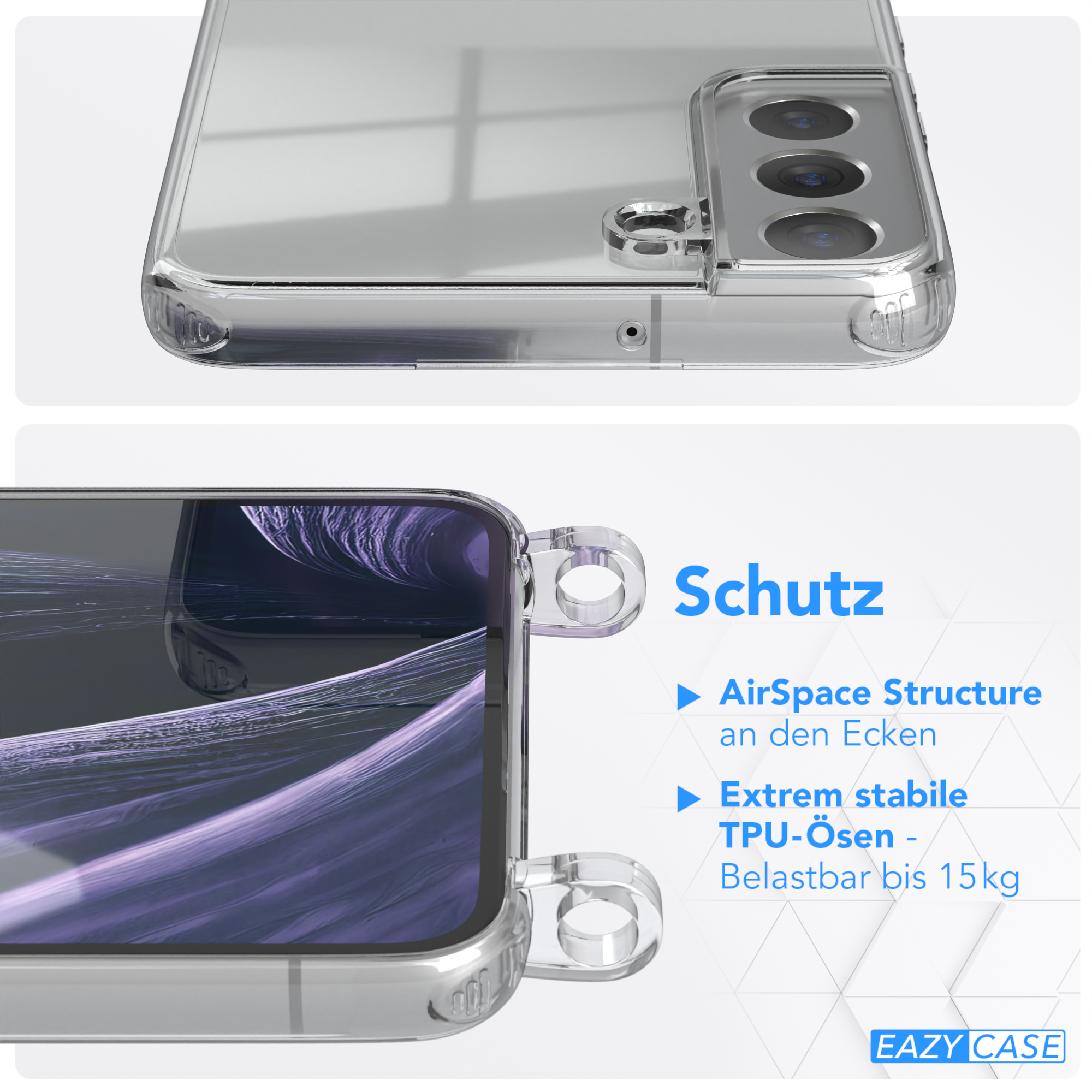 EAZY CASE Transparente Handyhülle mit Gold Flieder + Plus S22 Lila Karabiner, 5G, / Galaxy Samsung, Kordel runder Umhängetasche