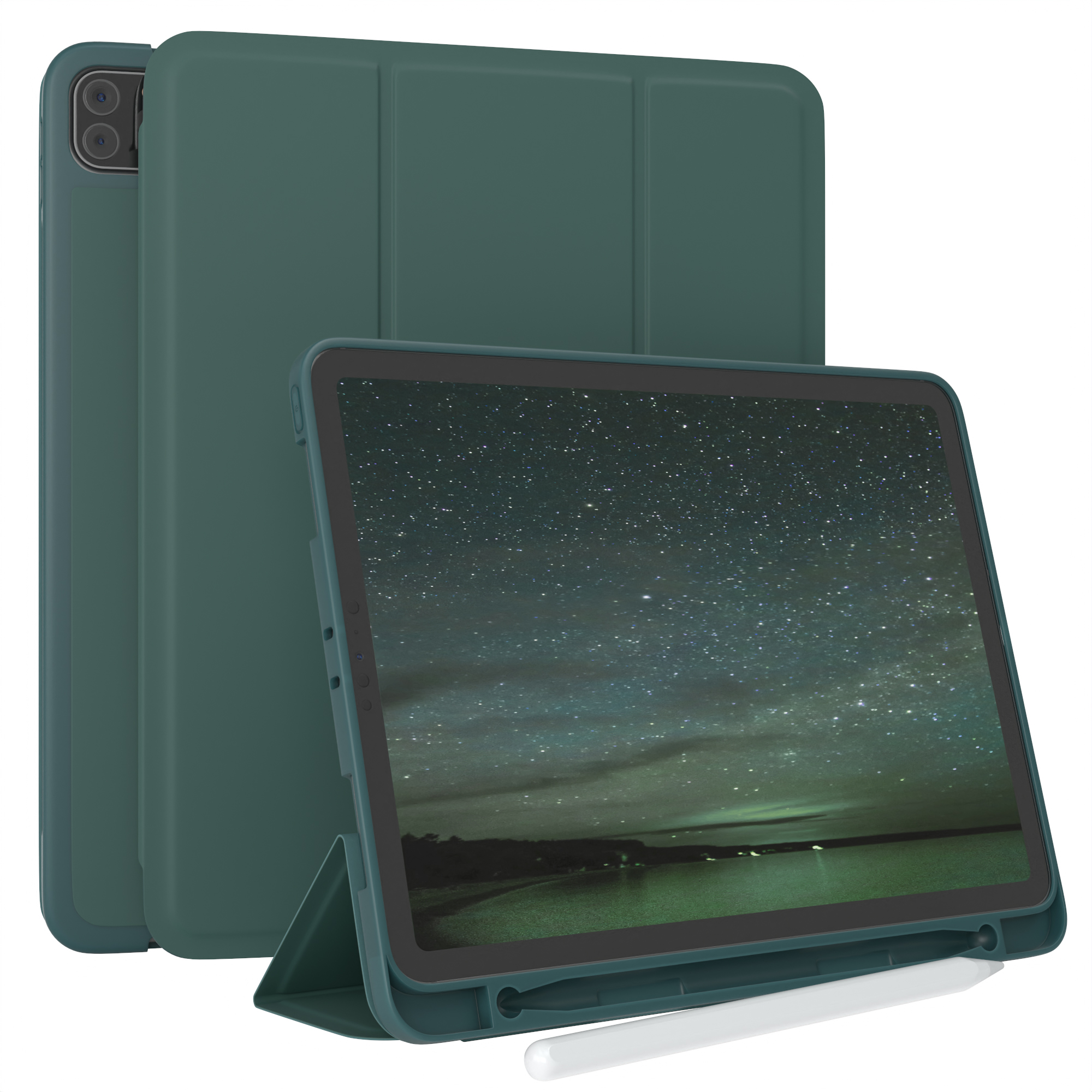 Grünes Tablet mit Hülle. Der Bildschirm zeigt Nachthimmel mit Sternen.