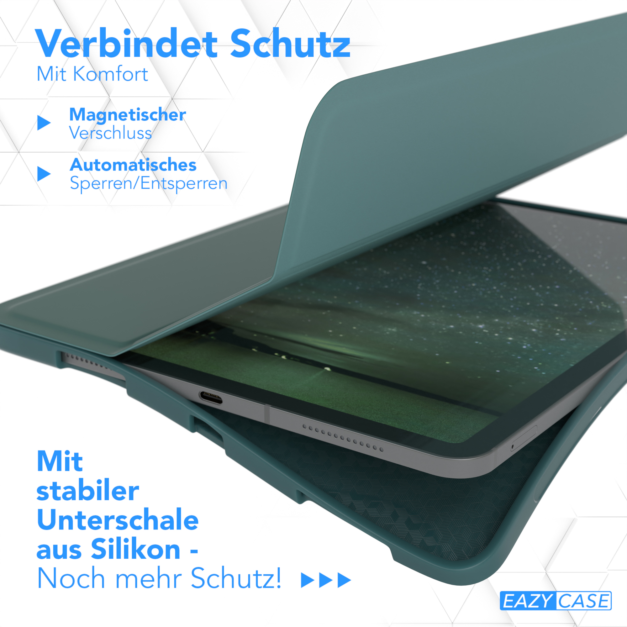 Tablet in einer tealfarbenen Hülle. Text auf Deutsch über Magnetverschluss und Auto-Öffnen/Schließen.