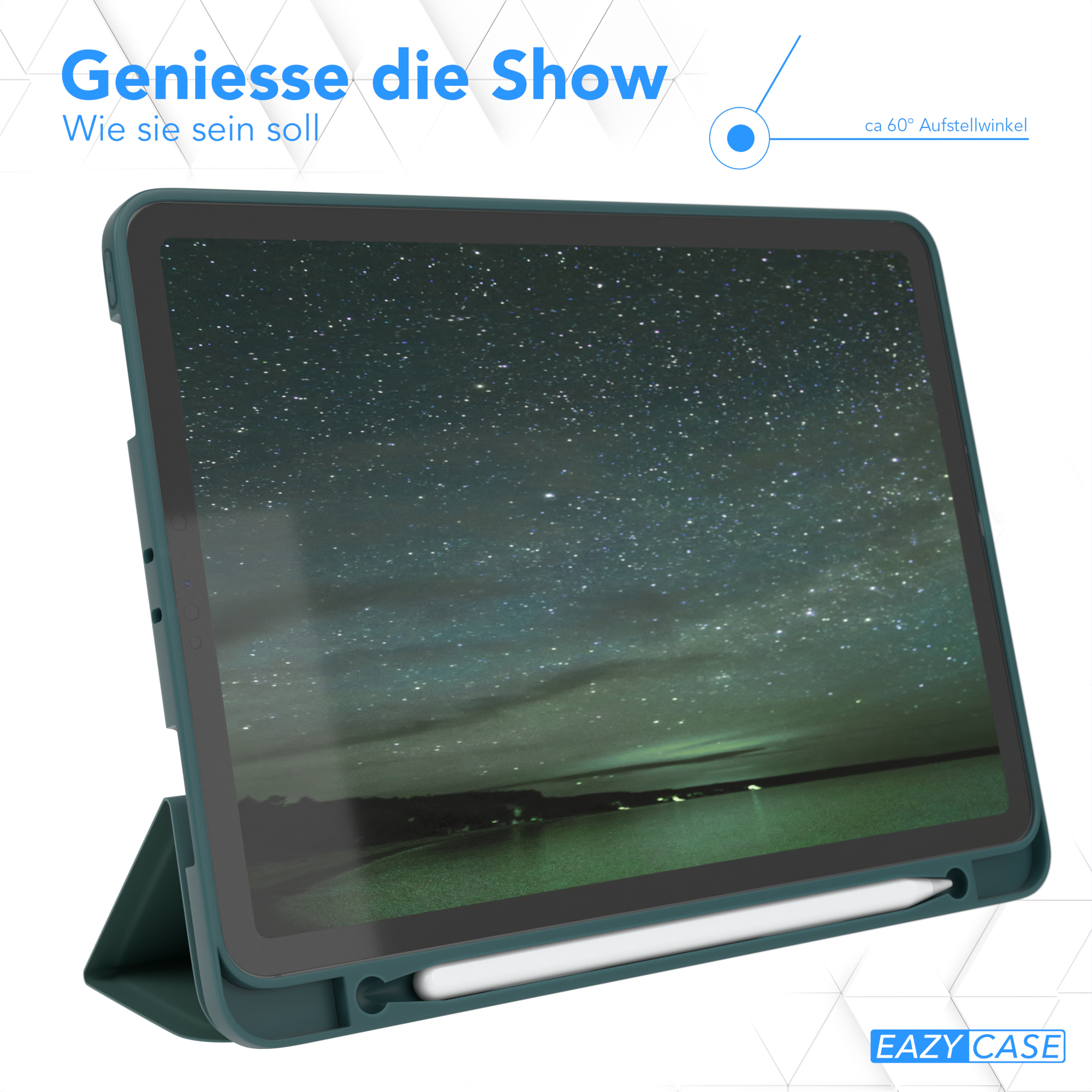 Tablet in einer grünen Hülle, abgewinkelt, um eine Sternennachtszene auf dem Bildschirm anzuzeigen.