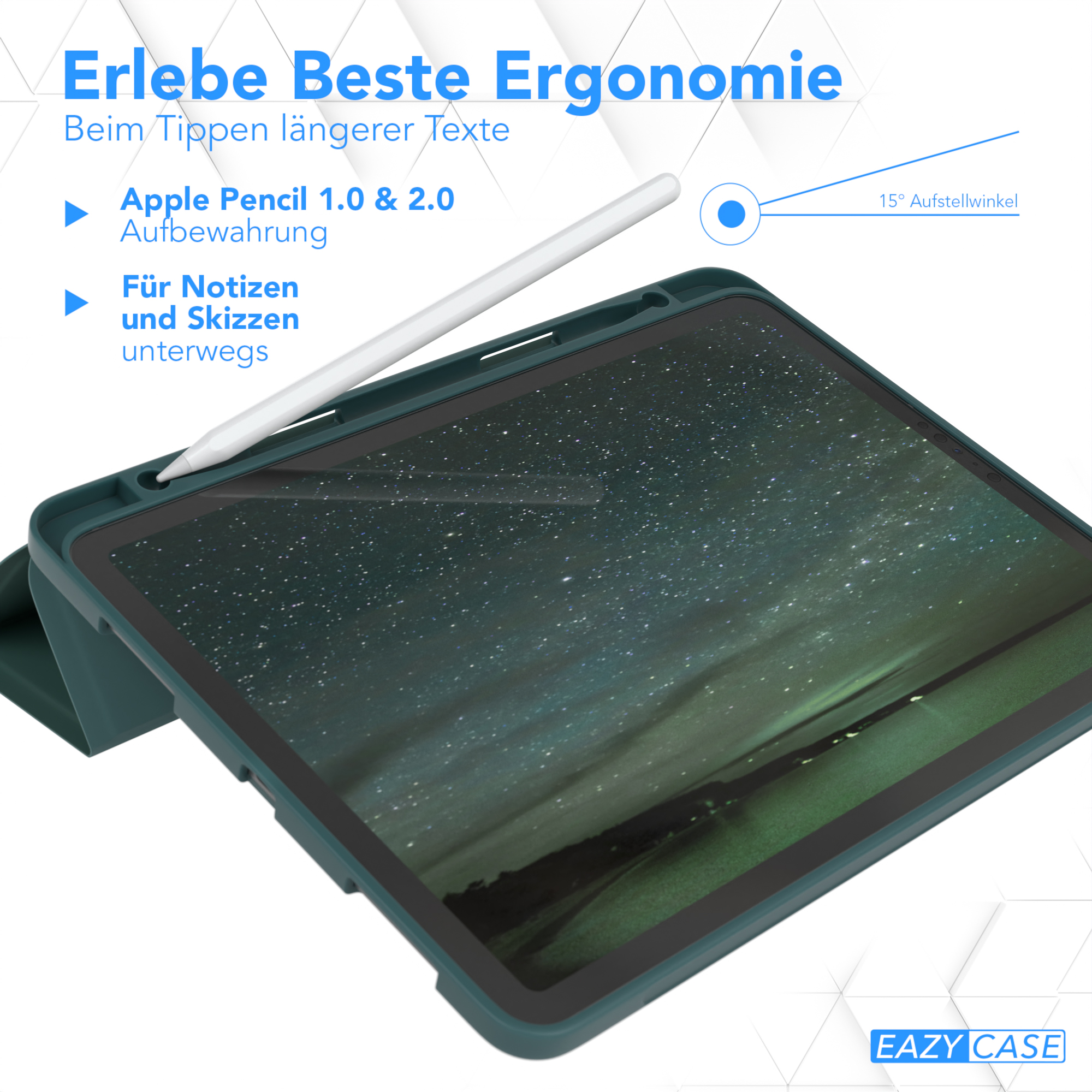 Ein iPad mit Stift, mit Text, der die Produktmerkmale beschreibt.