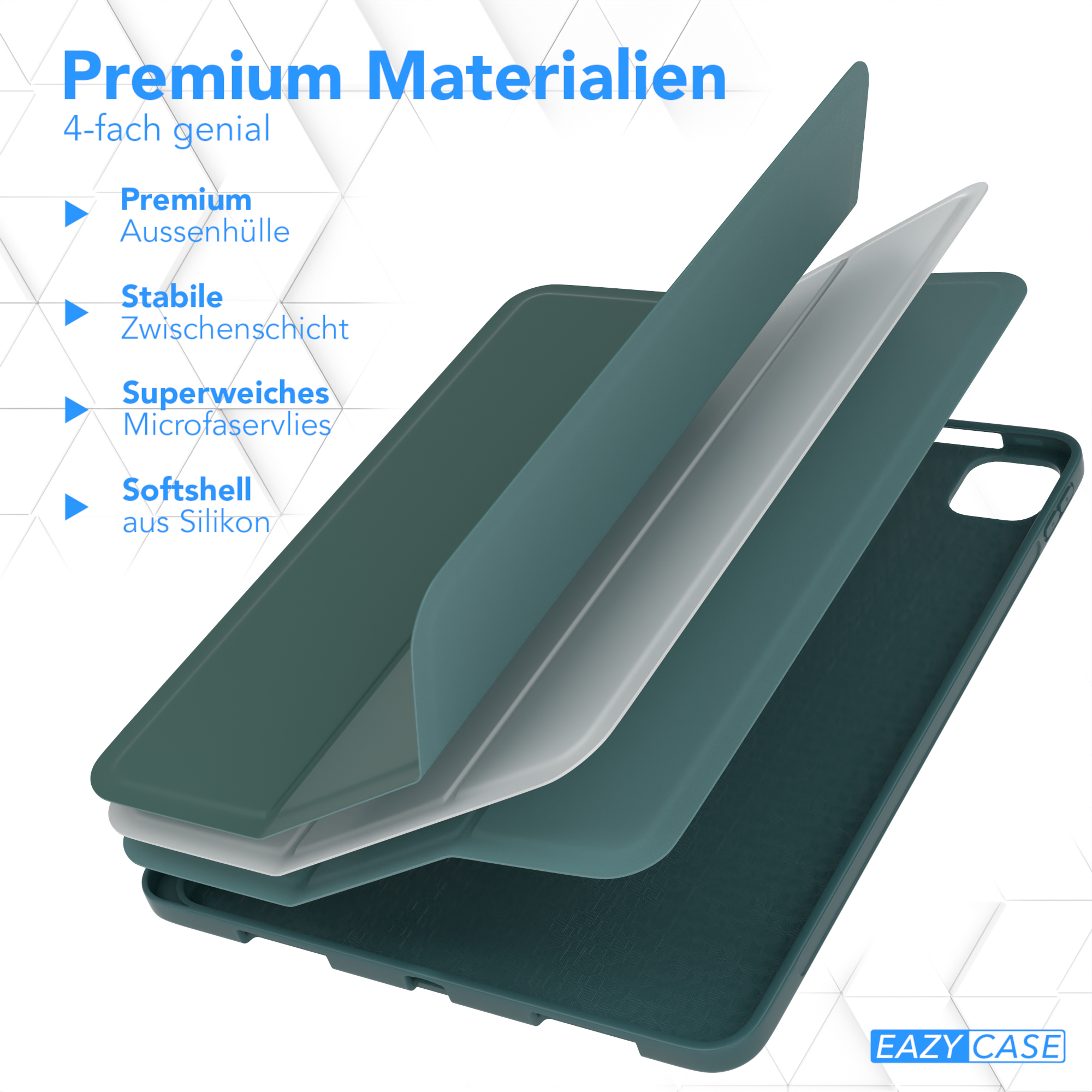 Schichten einer Handyhülle. Es zeigt eine hochwertige Außenschale, eine stabile Zwischenschicht und eine Softshell-Schicht.