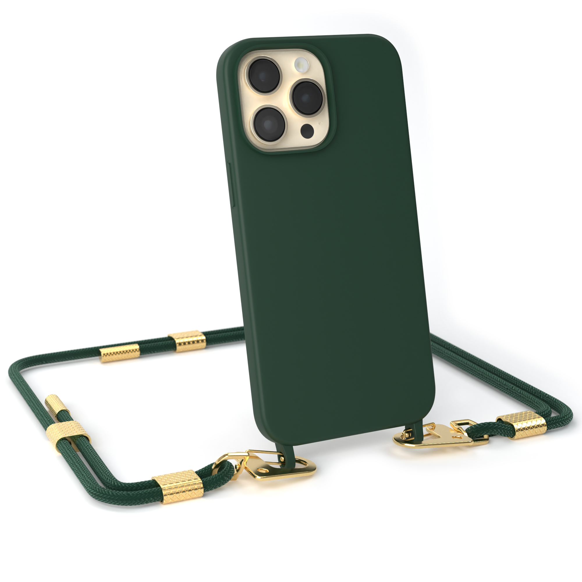 Grüne Handyhülle mit grünem Kabel. Goldene Verschlüsse und weißer Hintergrund. Telefon mit Kameralinsen.