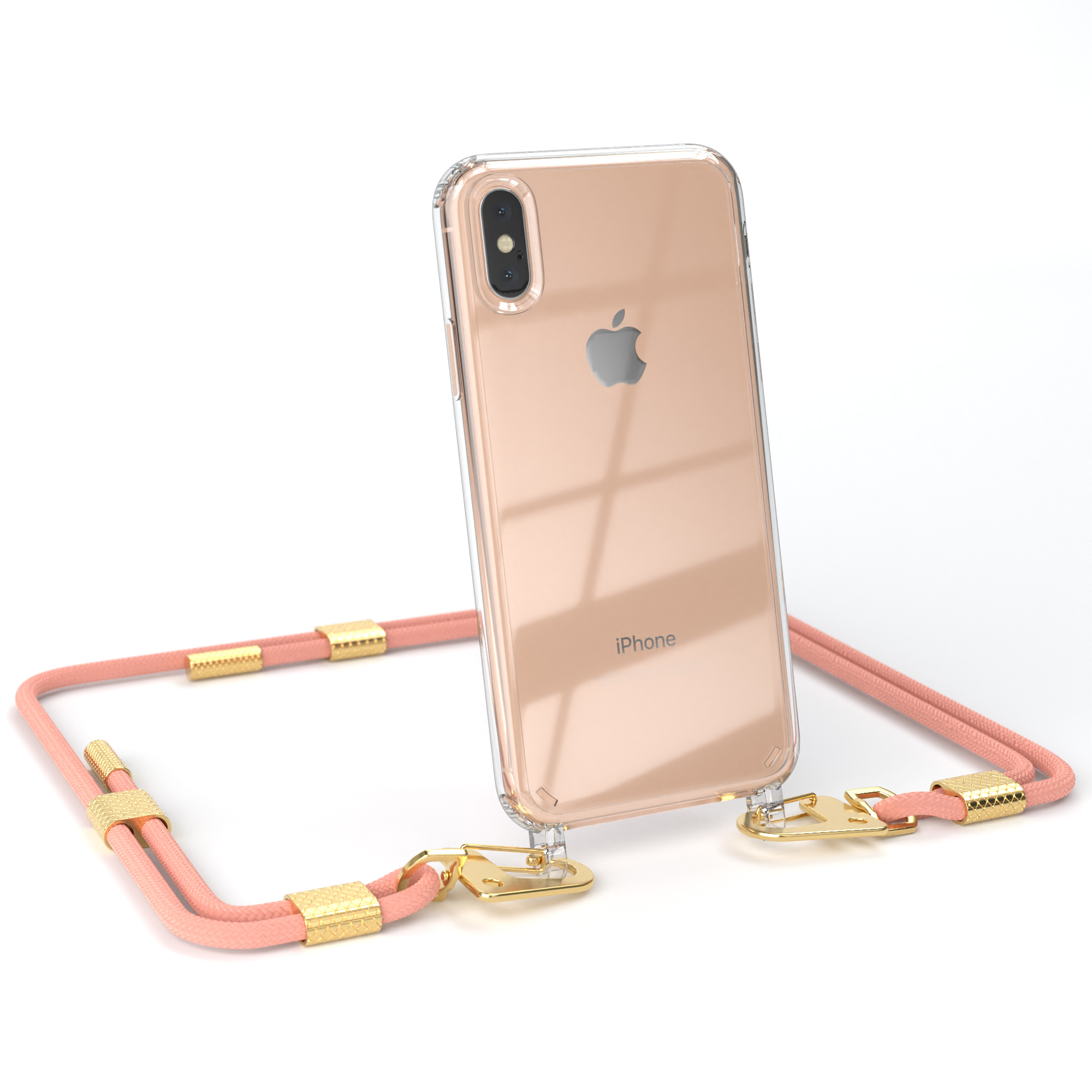 Transparente Handyhülle mit rosa Lanyard. Telefon aufrecht gehalten.