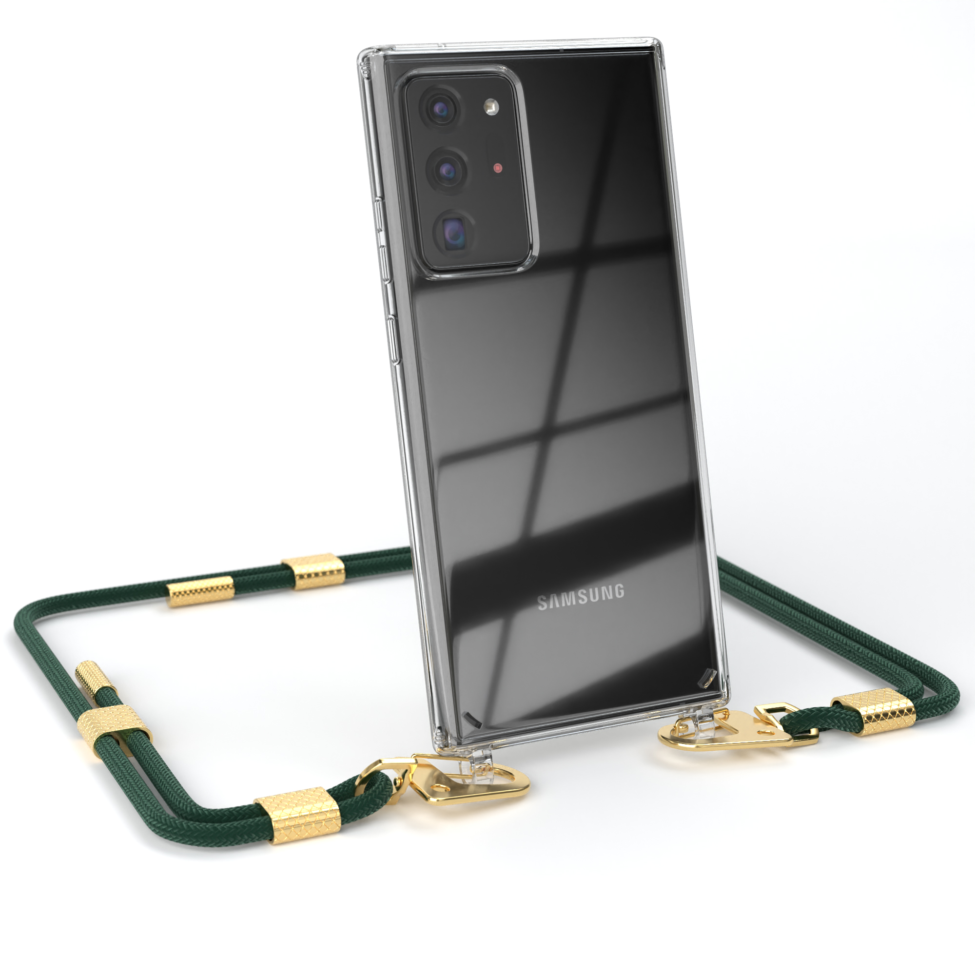 Eine durchsichtige Handyhülle mit grünem Riemen und goldenen Akzenten, die ein schwarzes Handy hält.