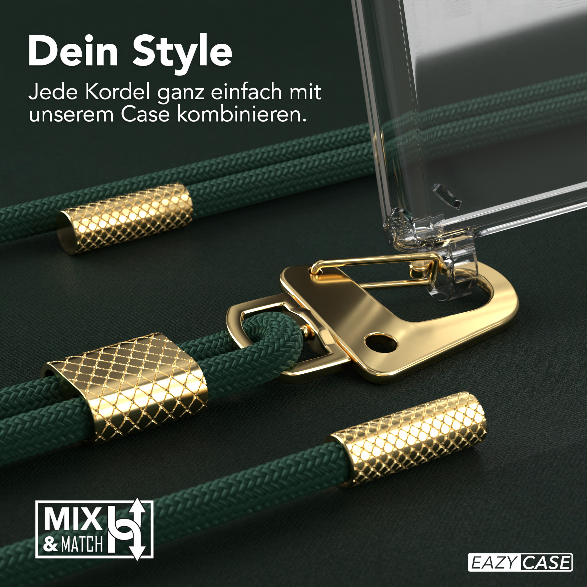 Nahaufnahme einer grünen Handyhülle mit goldenen Details und einem grünen Umhängeband.