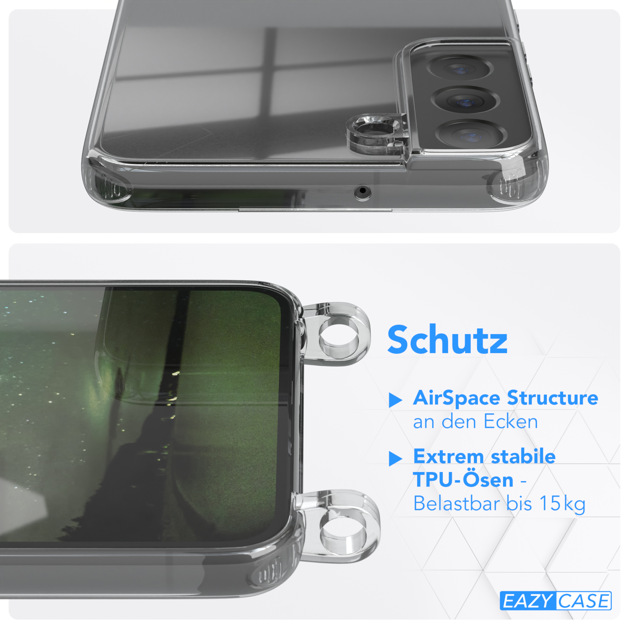 Transparente Handyhülle mit Ringbefestigung. Text: Schutz. Airspace Structure. Extrem stabile TPU-Ösen.