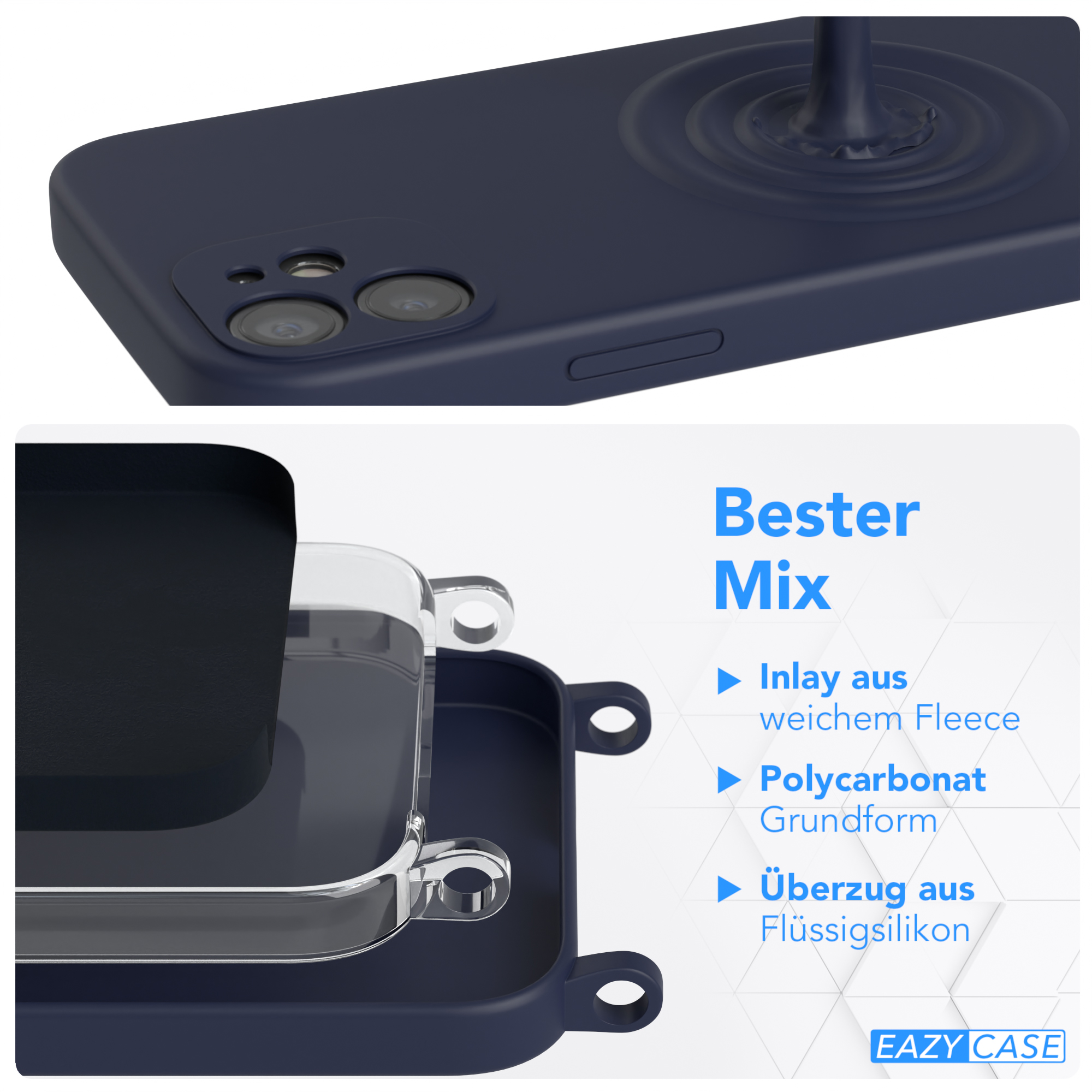 Marineblaue Handyhülle mit mehrschichtigem Design. Die Hülle hat einen Kameraausschnitt und einen schlanken, modernen Look.