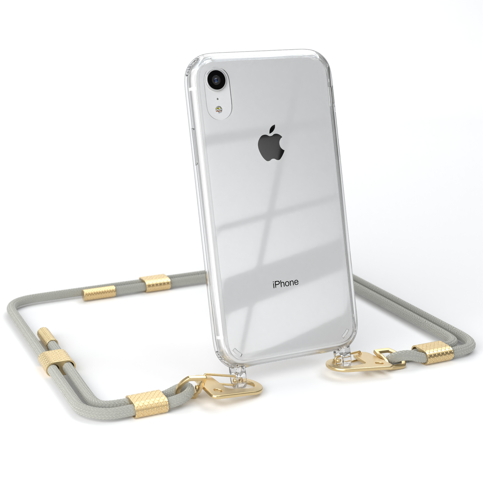 Transparente Handyhülle mit grauem Kordel und goldenen Akzenten, hält ein iPhone.