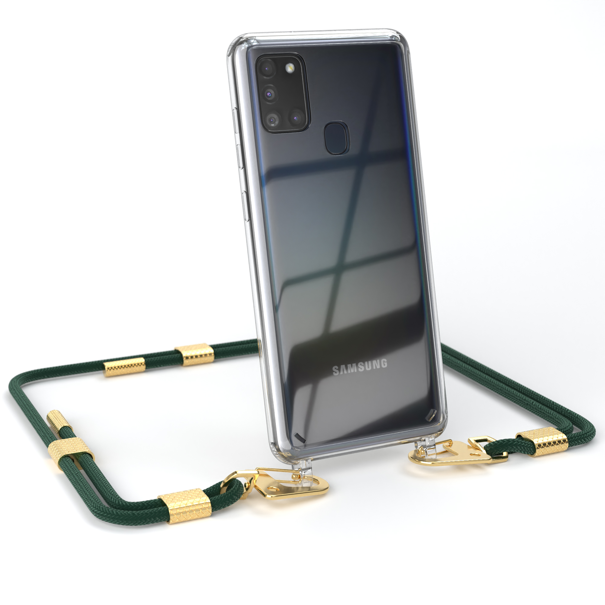 Ein Telefon in einer transparenten Hülle mit einem grünen Umhängeband. Weißer Hintergrund.