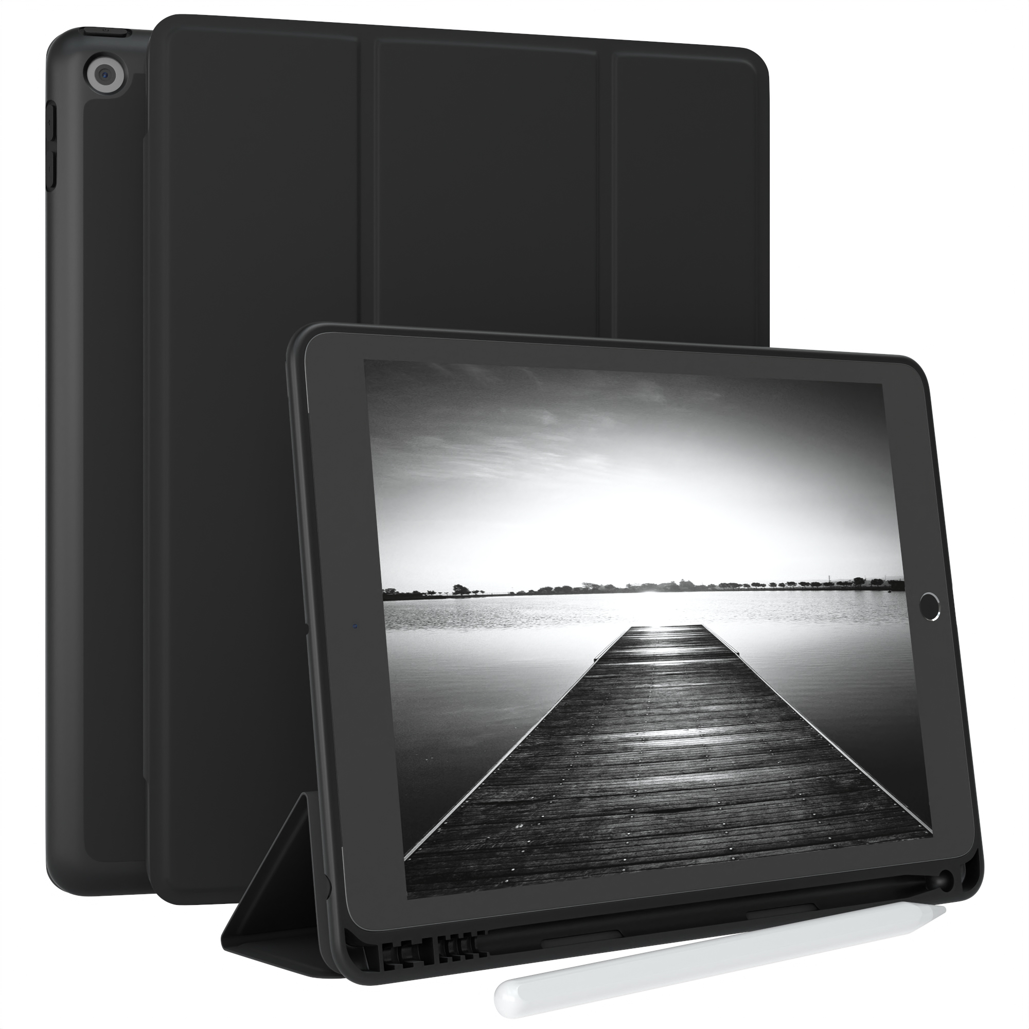 EAZY CASE Smartcase mit Stifthalter 2019 / Schwarz Apple für 2020 Tablethülle Bookcover iPad 10,2\