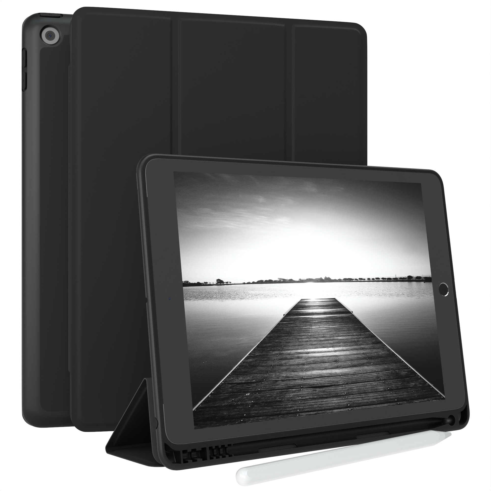 Ein schwarzes Tablet mit schwarzer Hülle und weißem Stift. Weißer Hintergrund.