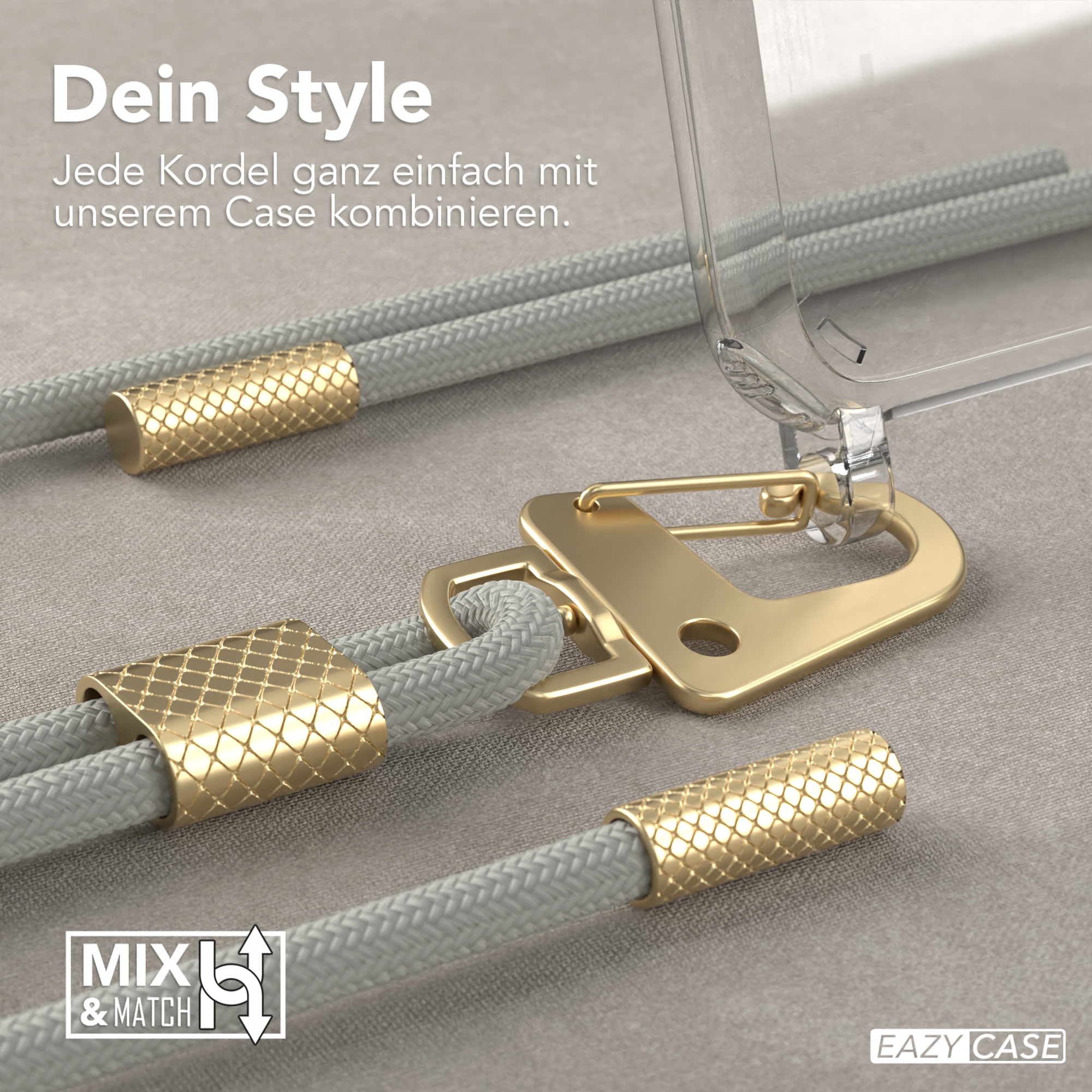 Nahaufnahme von Telefon-Lanyard-Zubehör mit deutschem Text.