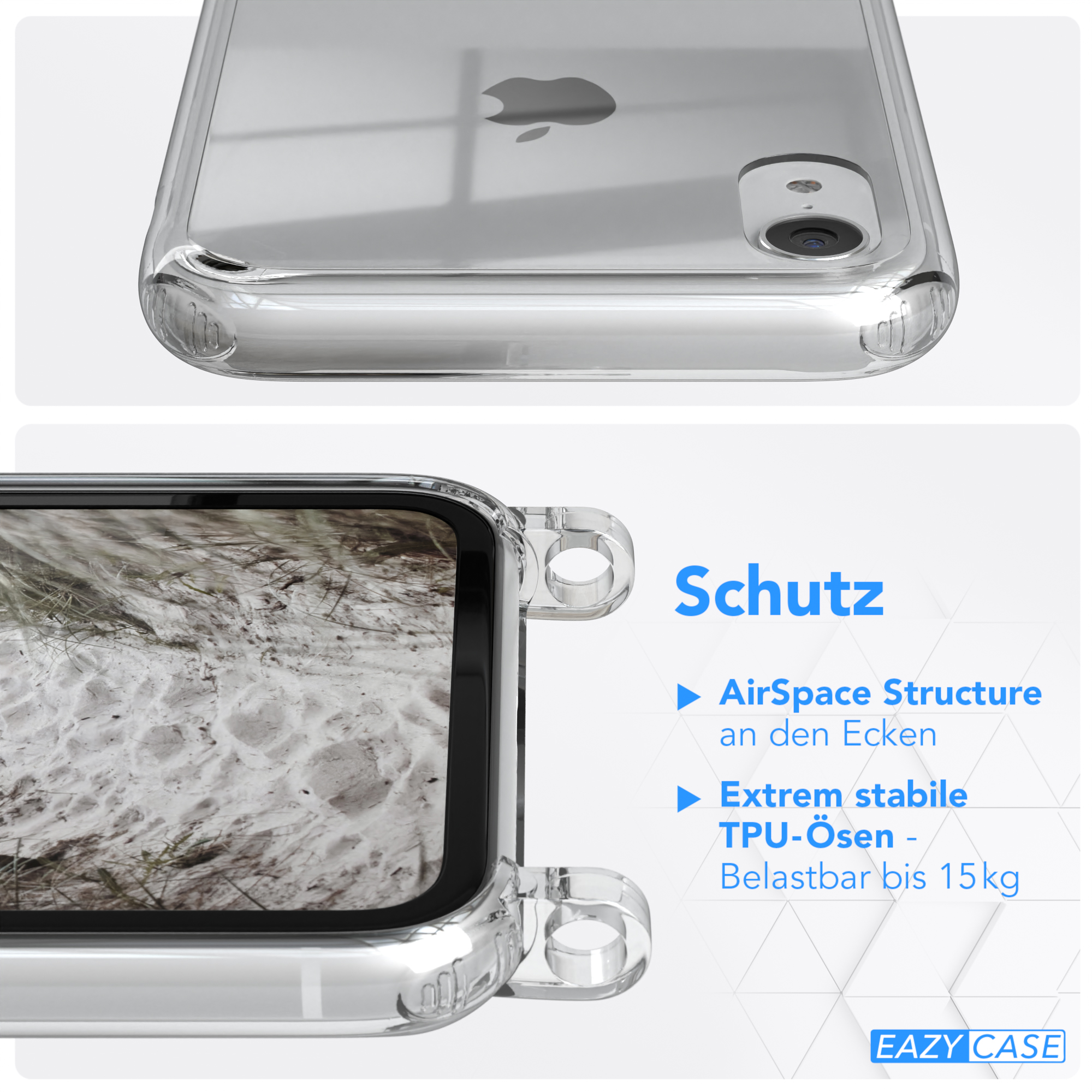 Transparente Handyhülle mit einer Strandszene und Text über den Schutz.