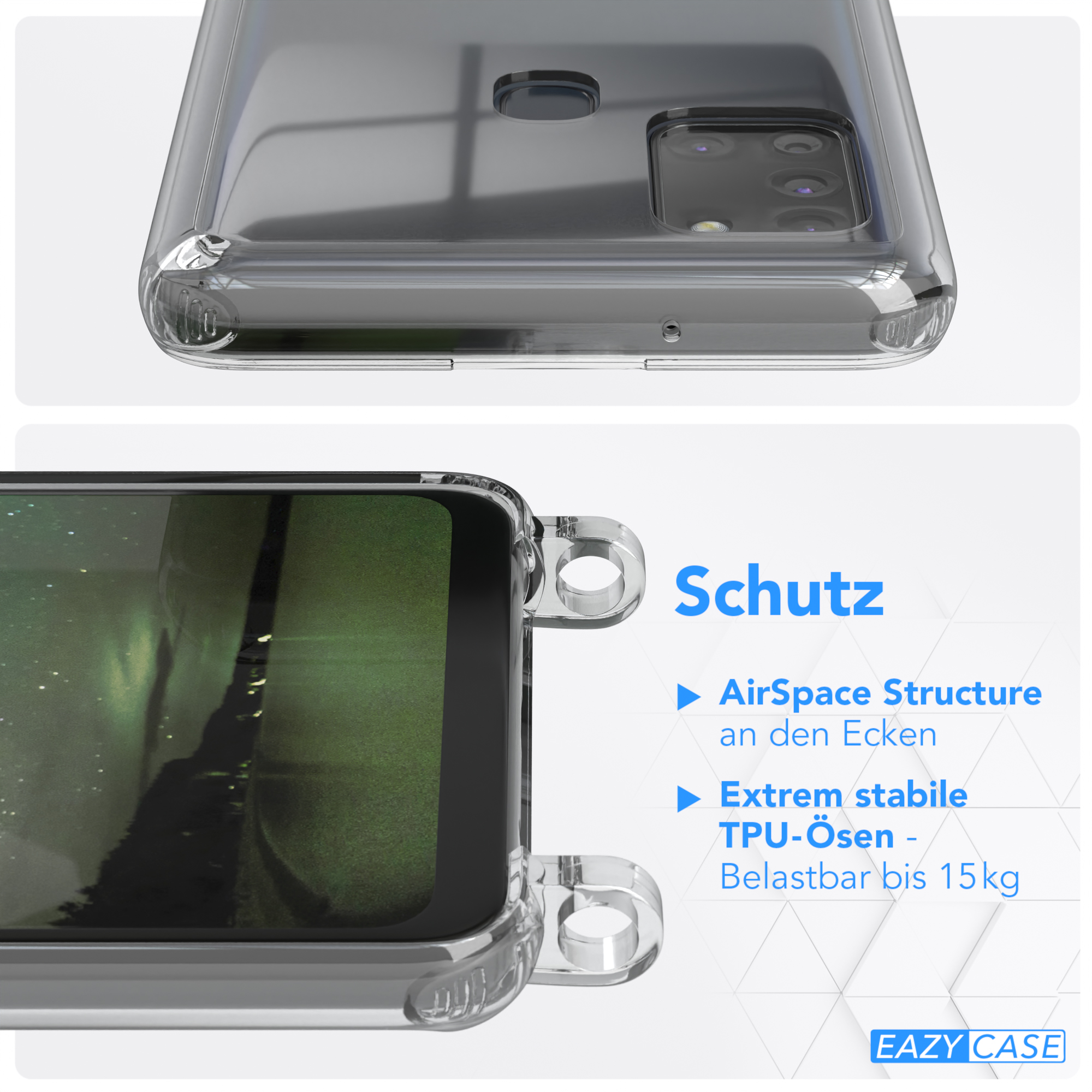 Nahaufnahme der Handyhülle, mit Text für 'AirSpace Structure' und 'TPU-ösen' mit Diagramm.