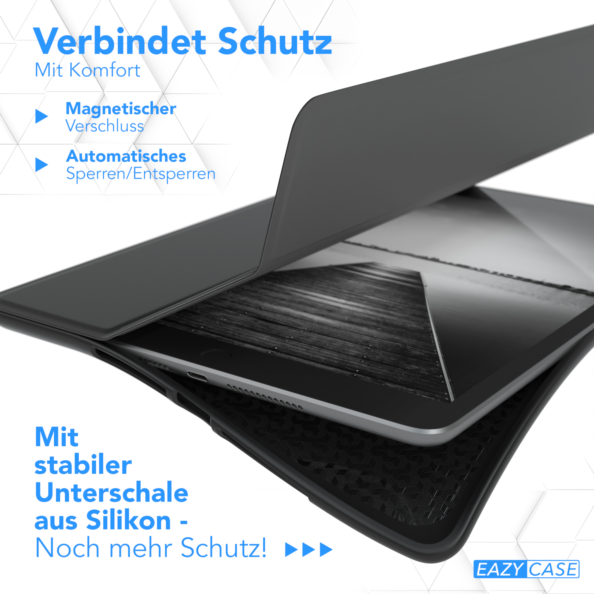 Tablet in einer schwarzen Hülle. Nahaufnahme von Hülle und Bildschirm.