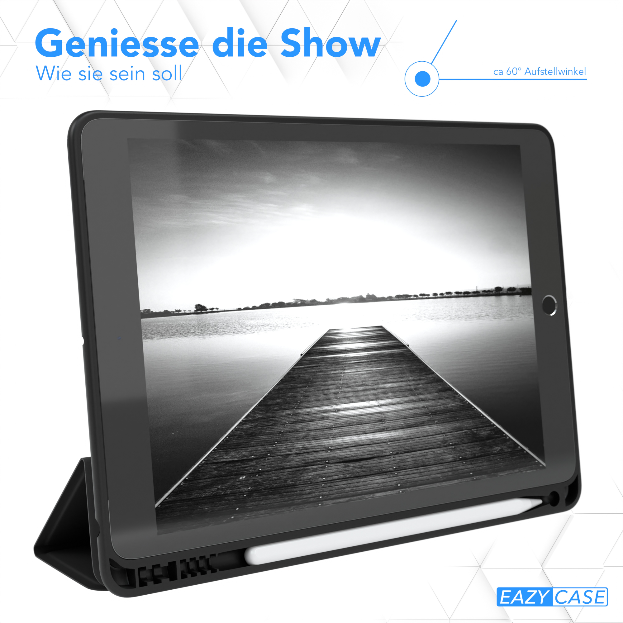 Ein Tablet in einem Gehäuse, mit einem hölzernen Dock gezeigt. Der Bildschirm zeigt einen Steg.