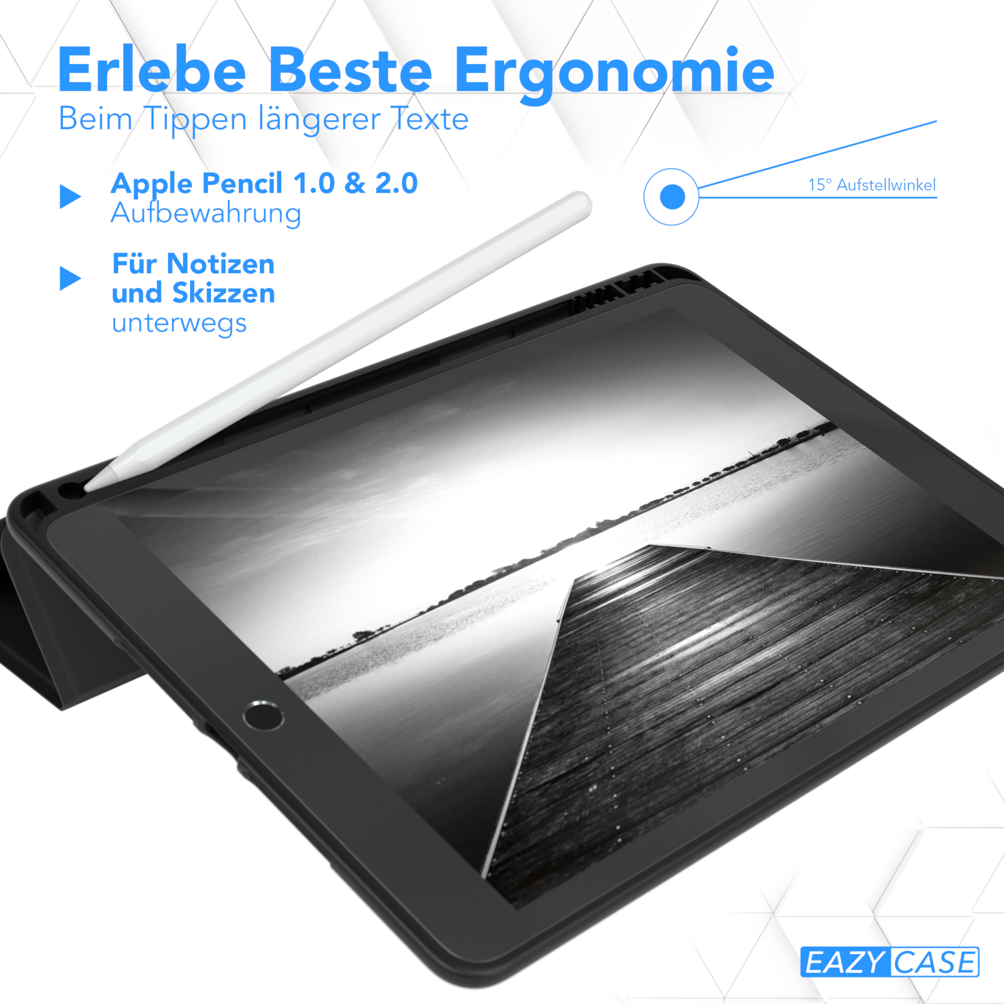 Tablet mit weißem Stift. Text oben. Das Tablet zeigt ein Graustufenbild.
