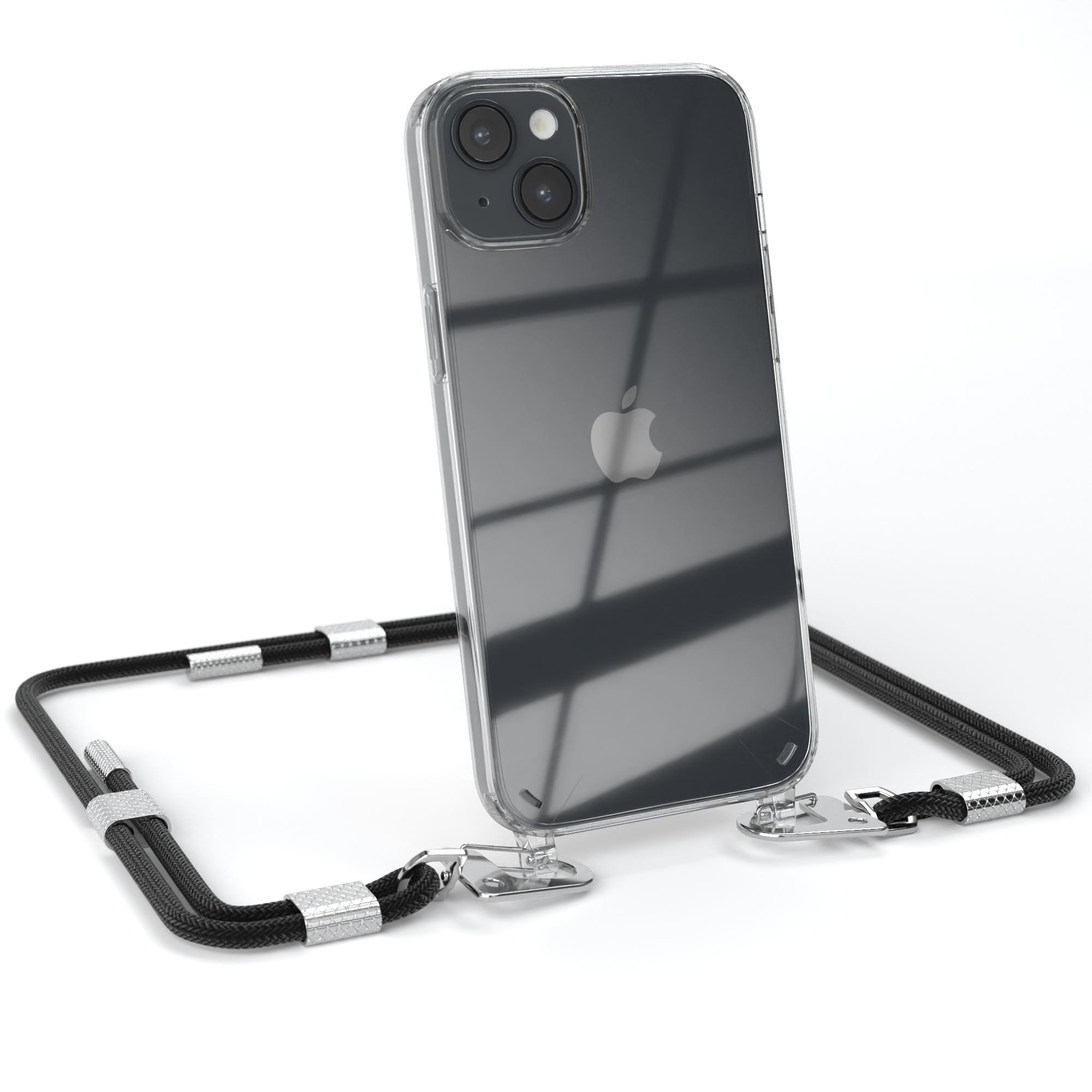 Eine transparente Handyhülle mit schwarzem Umhängeband. In der Hülle ist ein Apple iPhone.