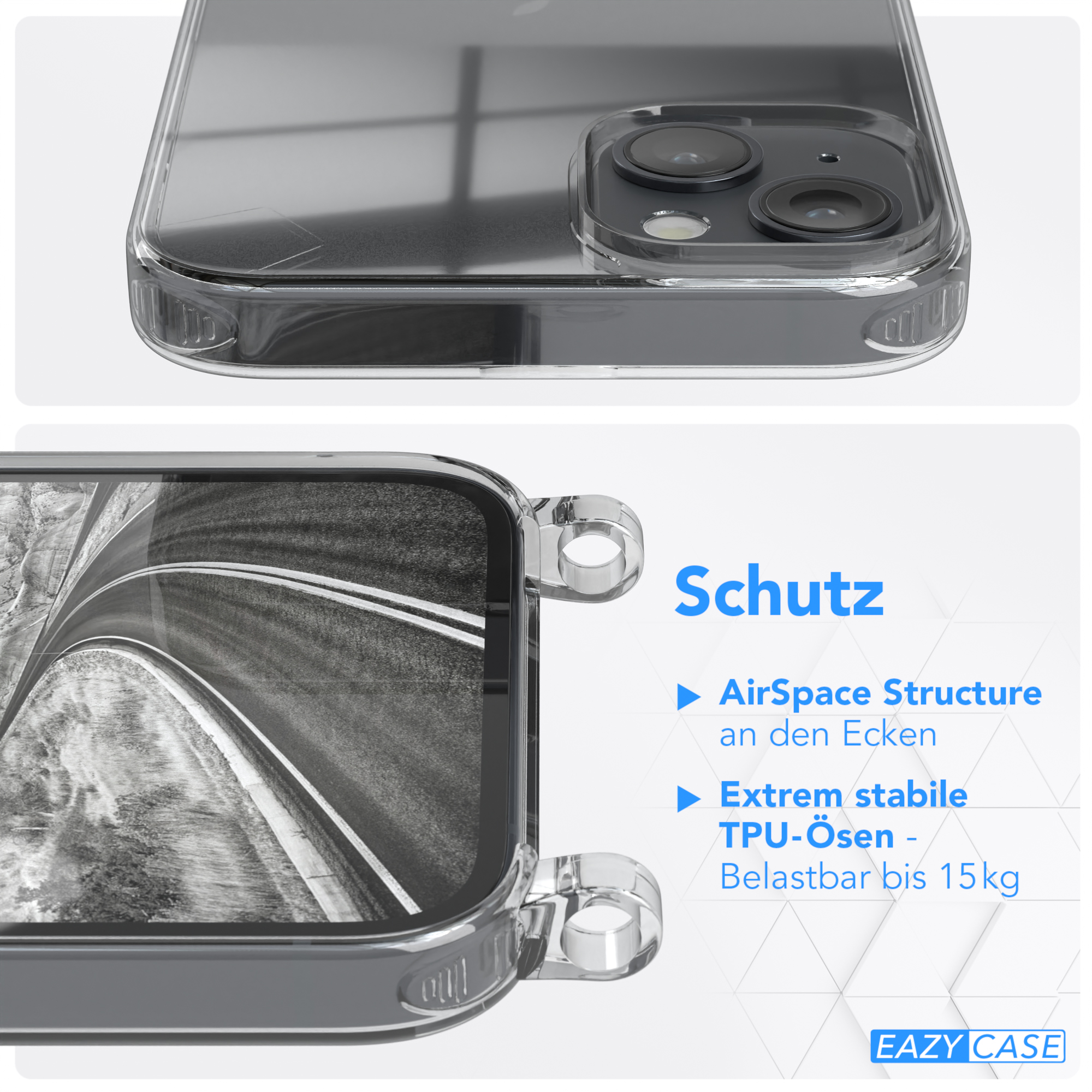 Telefongehäusedetail mit transparenter Abdeckung. Text: AirSpace Structure, TPU und Schutzdetails.