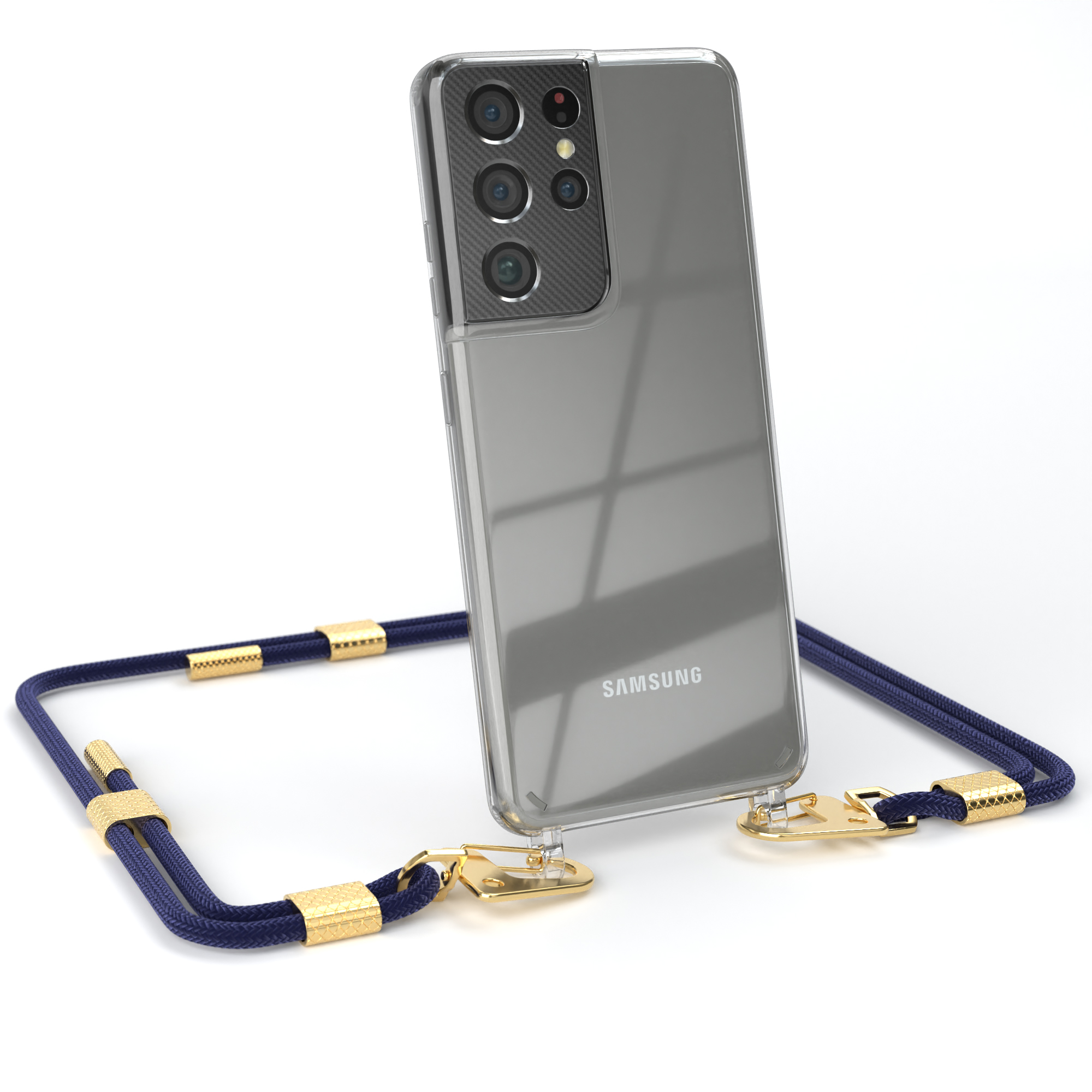 EAZY CASE Transparente Handyhülle mit S21 Gold Karabiner, runder / Umhängetasche, Galaxy 5G, + Samsung, Ultra Nachtblau Kordel
