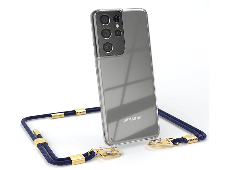 EAZY CASE Transparente Handyhülle mit Karabiner, 5G, / Kordel Nachtblau Gold Ultra runder + Umhängetasche, Samsung, Galaxy S21