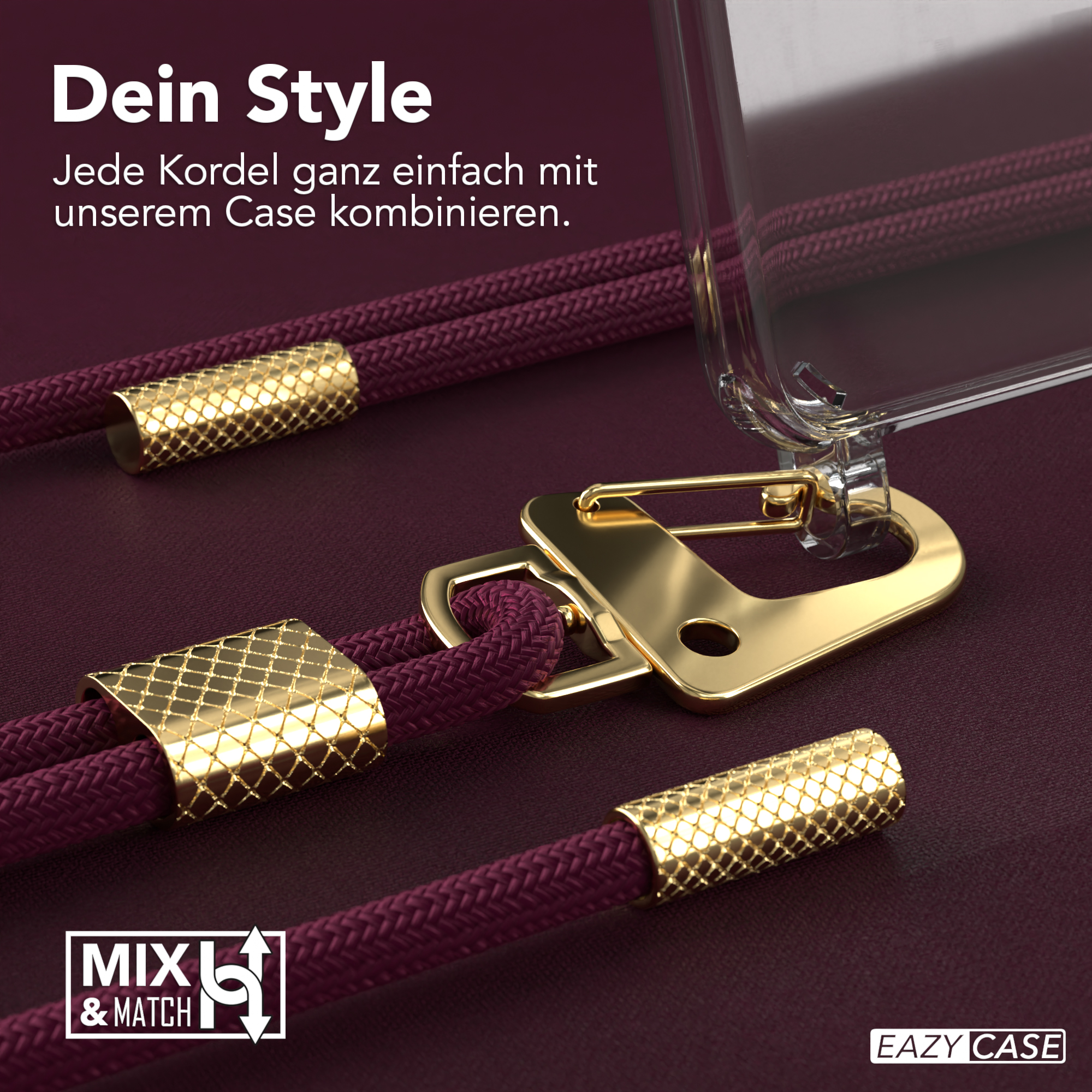 Nahaufnahme von Handykordeln mit goldenen Akzenten und Haken. Der Text lautet MXL & MATCH.