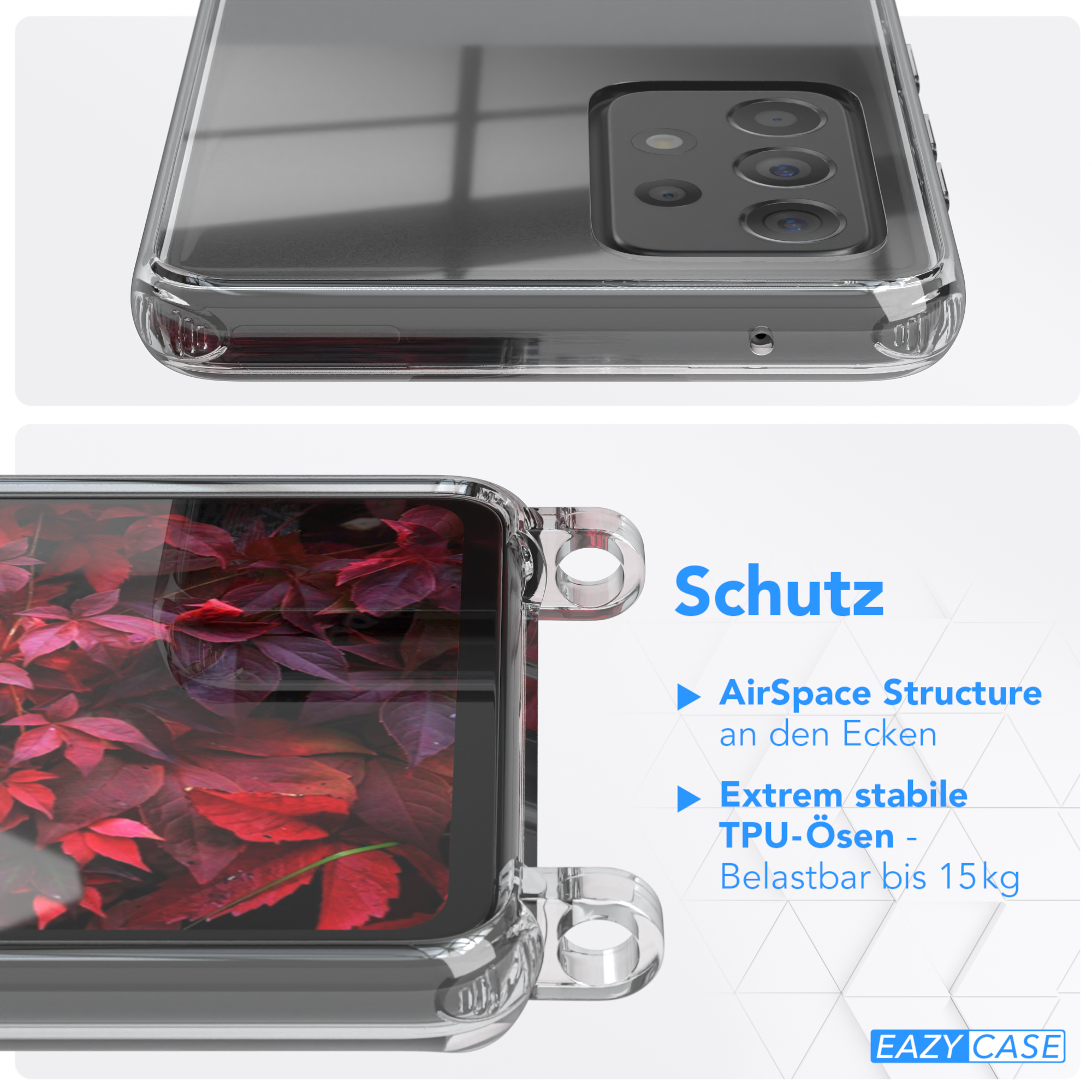 Nahaufnahme einer Handyhülle. Das Gehäuse ist transparent, mit roten Blättern.