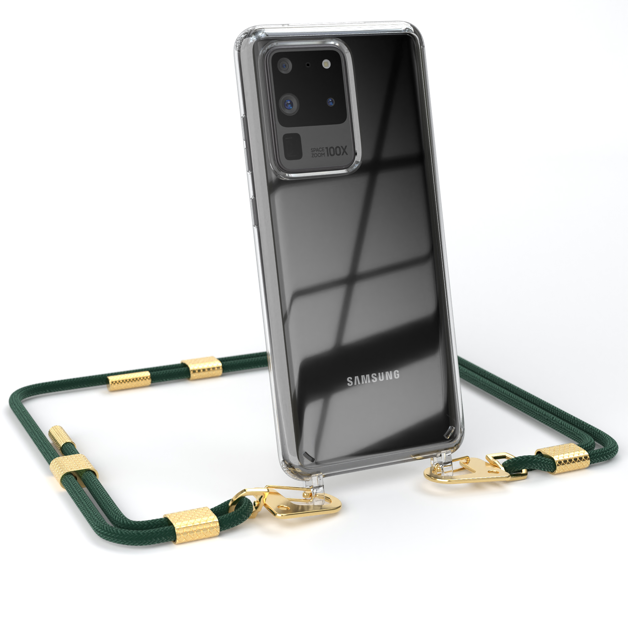 Transparente Handyhülle mit grünem Kordel und goldenen Akzenten, hält ein Handy.