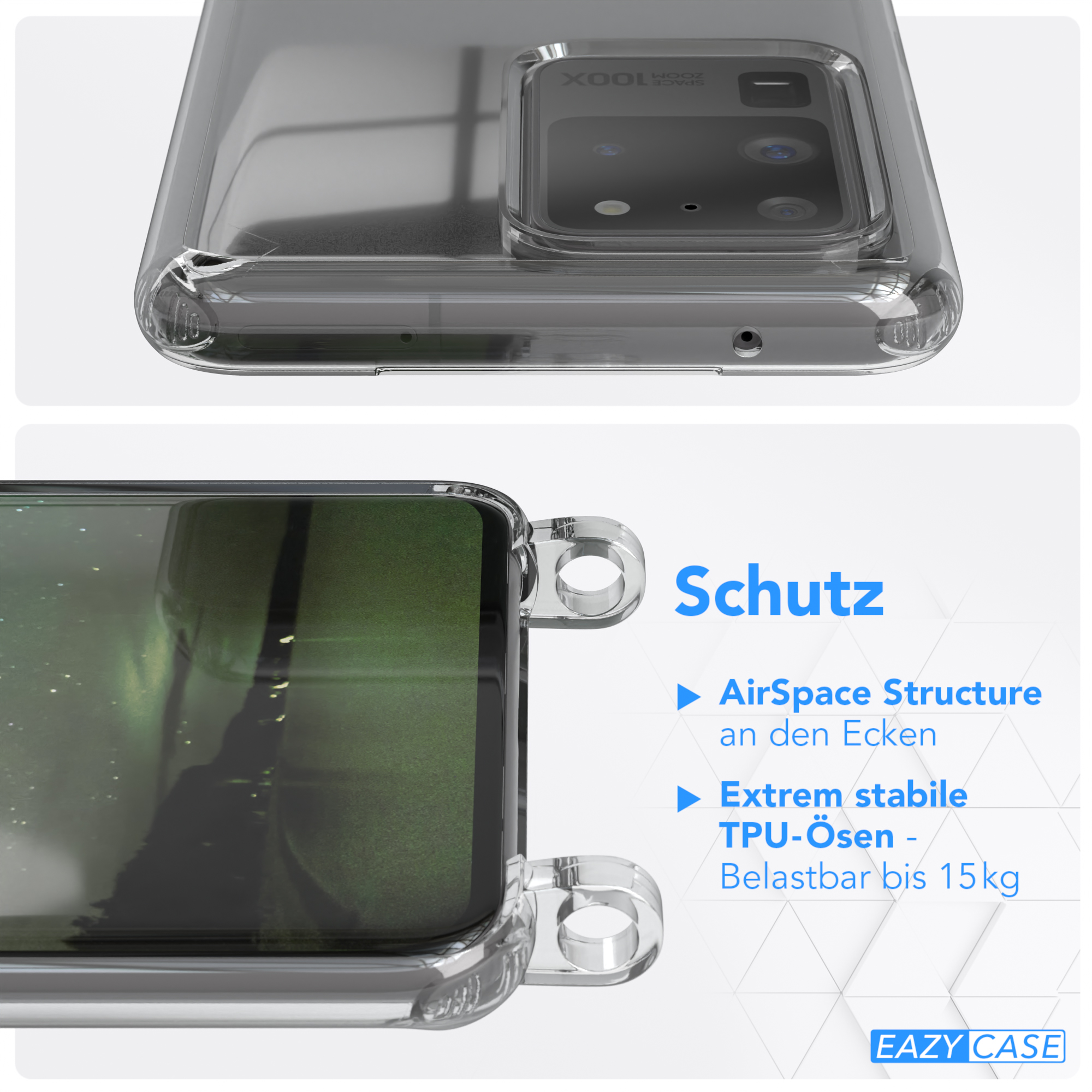 Klare Handyhülle auf einem Telefon. Text: AirSpace Structure, TPU-Ösen und Belastbar bis 15kg.