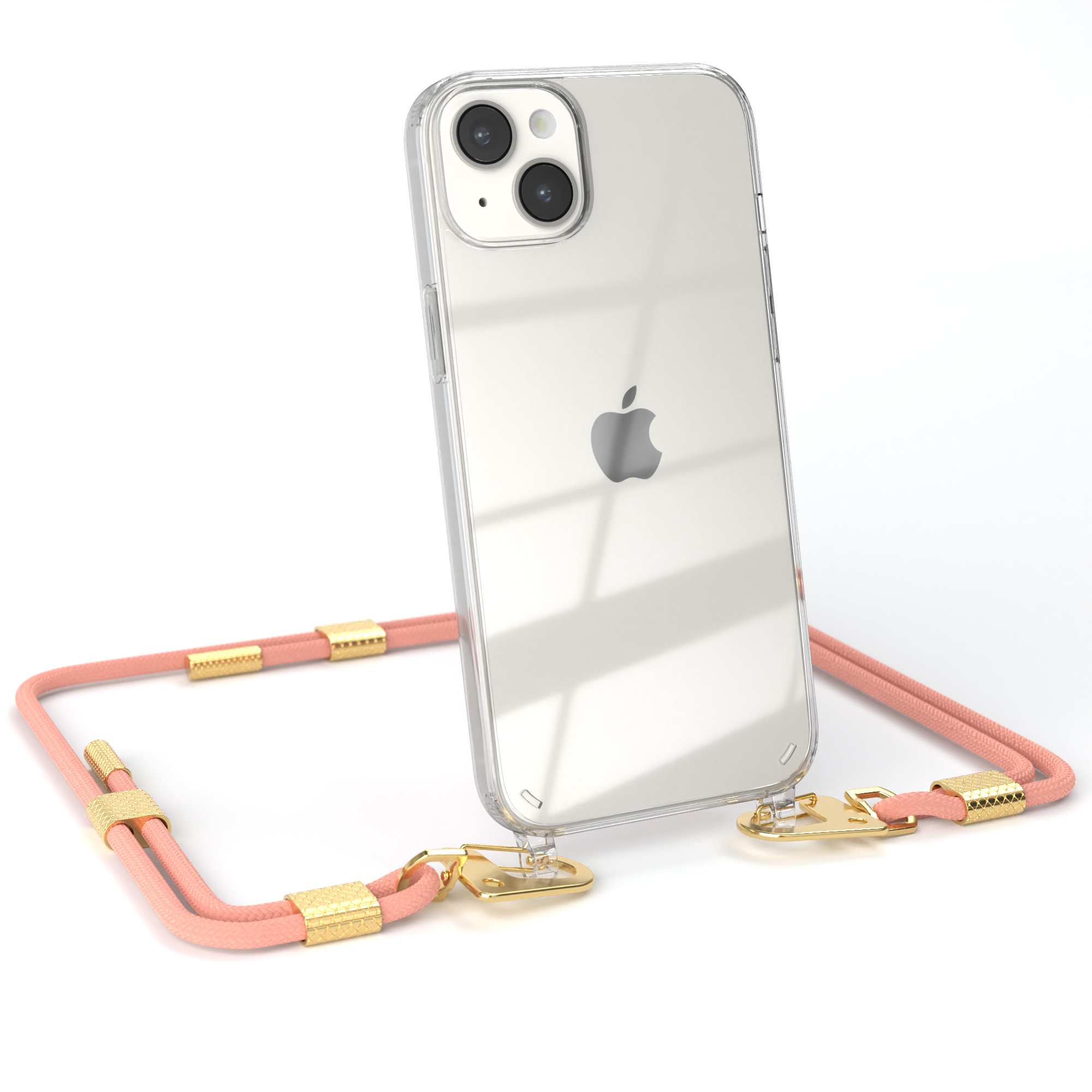 Transparente Handyhülle mit pinkfarbenem Umhängeband. Ein Telefon ist in der Hülle. Weißer Hintergrund.