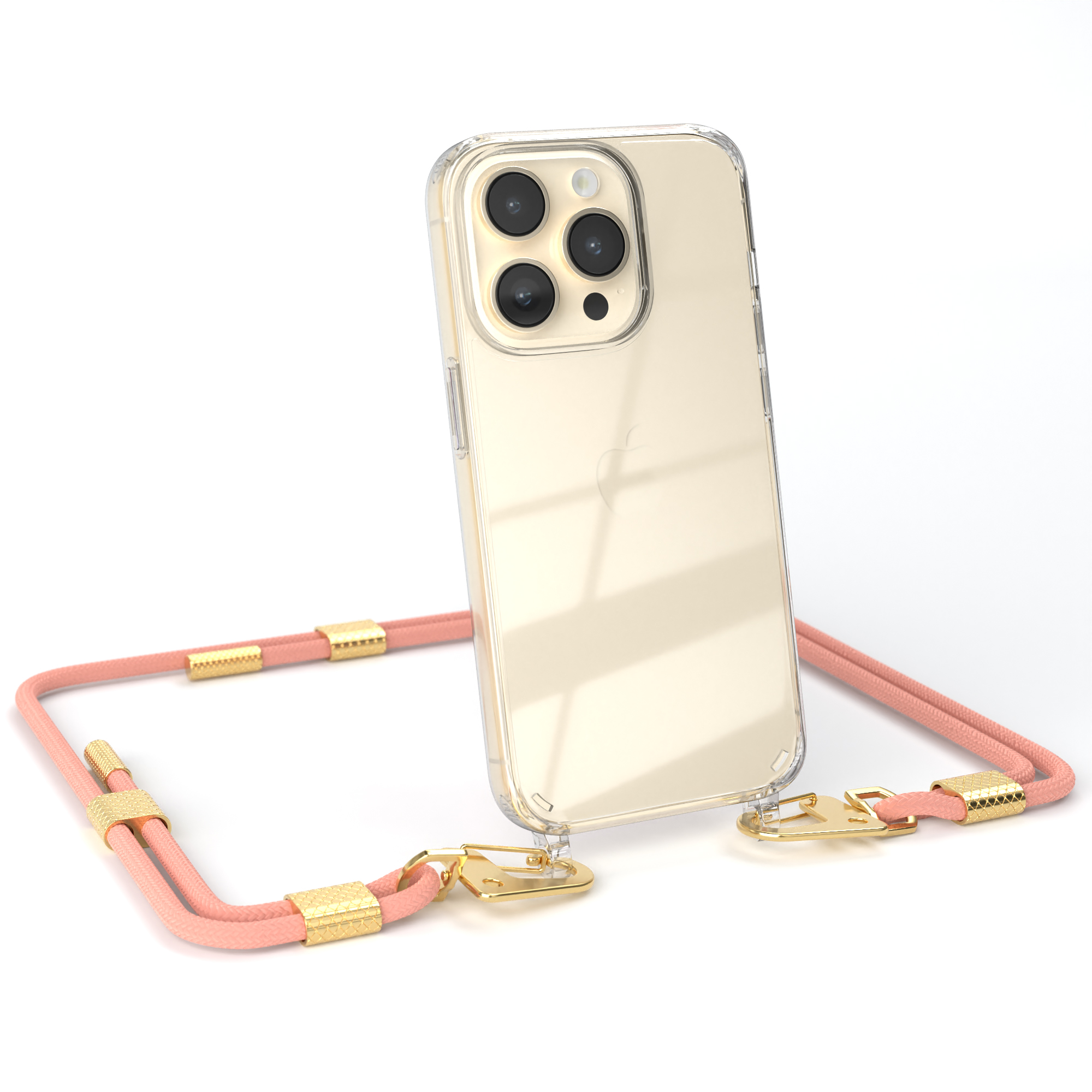 Ein Telefon in einer transparenten Hülle mit rosa Riemen. Das Telefon hat mehrere Kameras.