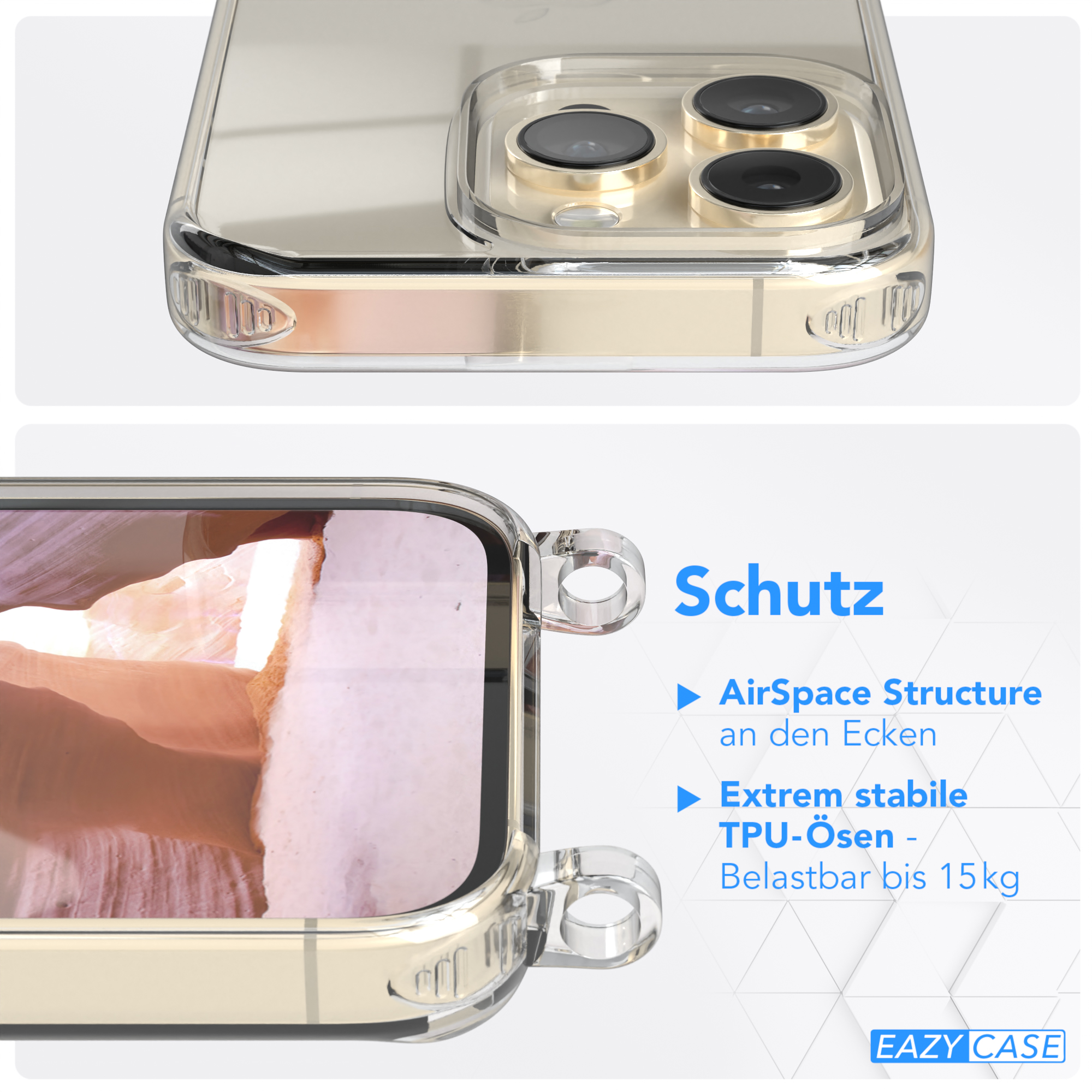 Nahaufnahme einer transparenten Handyhülle mit goldenen Akzenten, die die Schutzfunktionen zeigt.