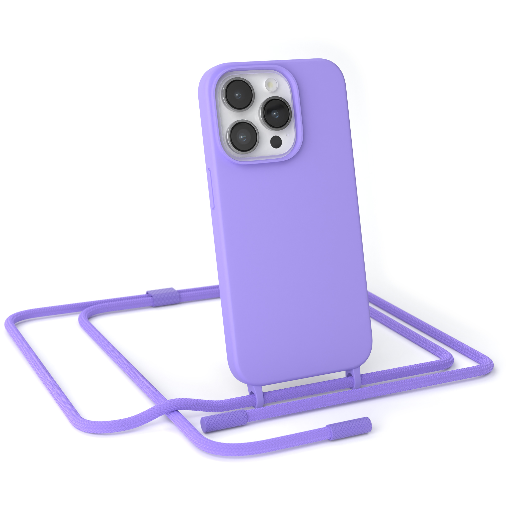 Lila Handyhülle mit lila Schlüsselband. Das Telefon hat mehrere Kameras.