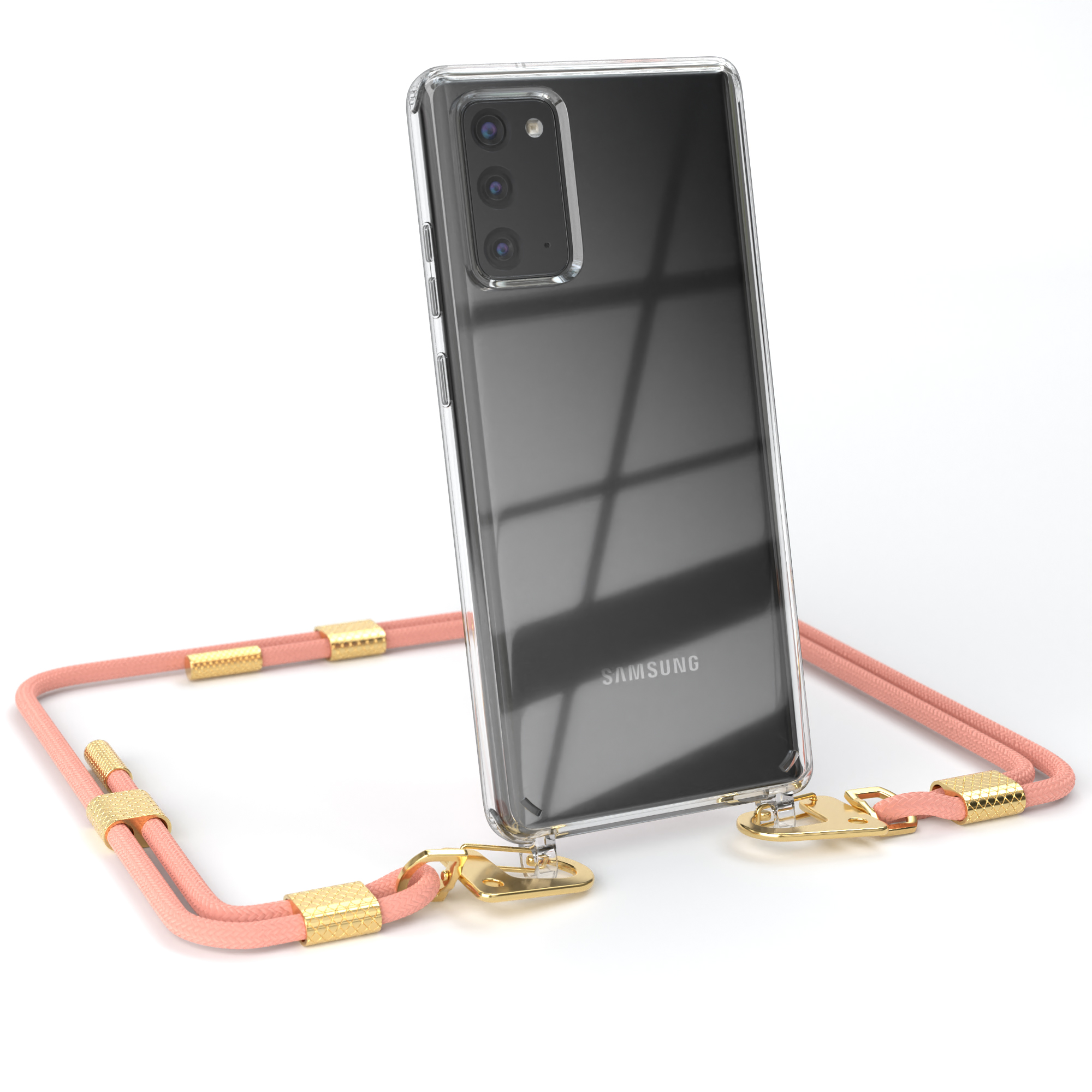 Transparente Handyhülle mit pinkfarbenem Kabel. Goldene Verschlüsse und weißer Hintergrund. Samsung-Logo.