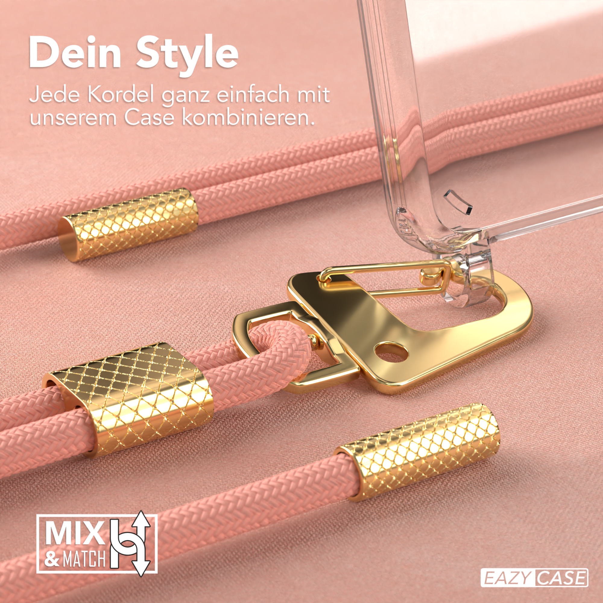 Nahaufnahme einer Handyhülle mit rosa geflochtenem Riemen und goldfarbener Hardware.