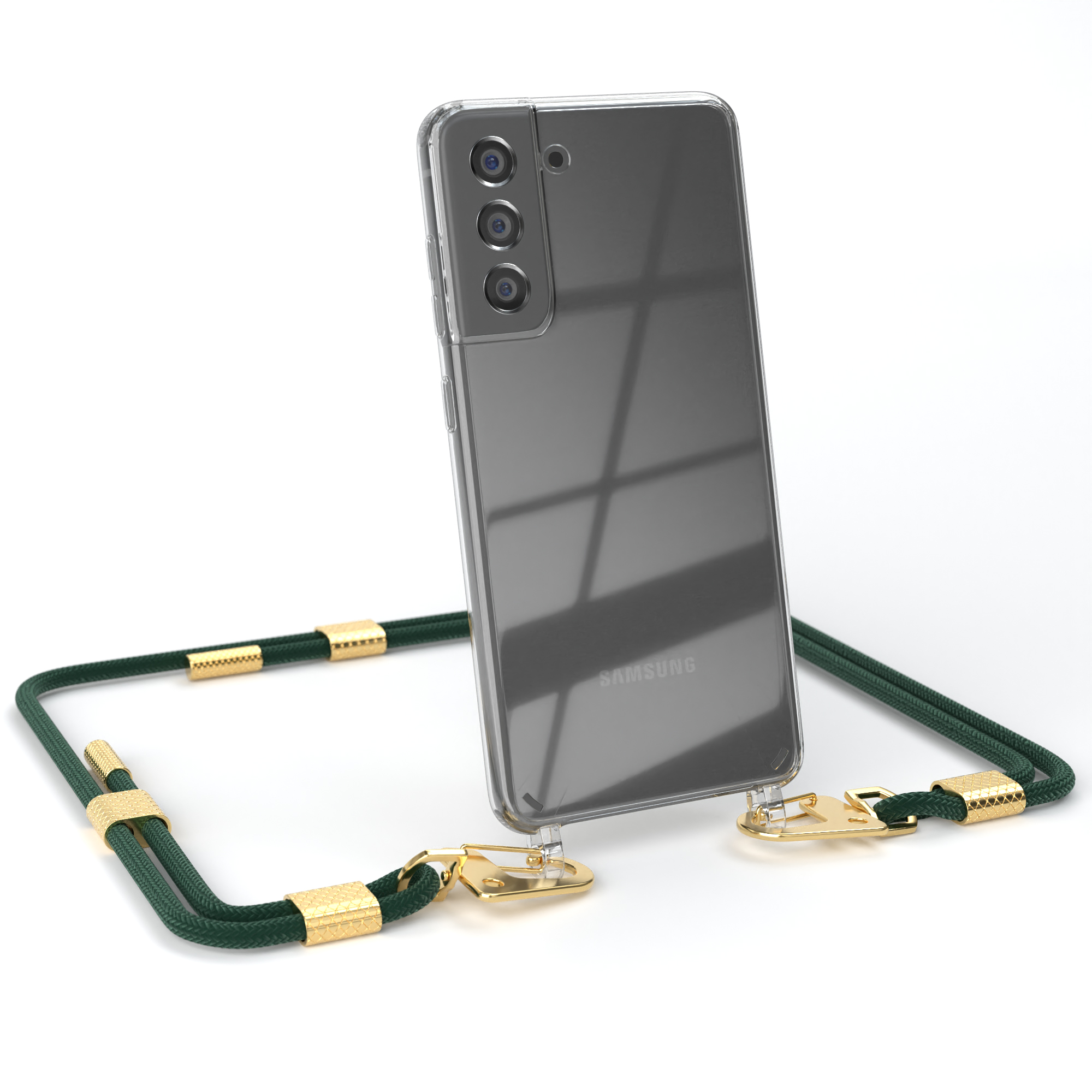 Transparente Handyhülle mit grünem Seil. Das Telefon hat drei Kameras. Weißer Hintergrund.