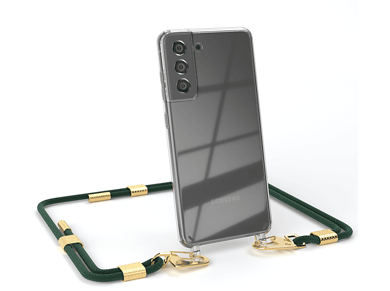EAZY CASE Transparente Handyhülle mit runder Kordel + Karabiner, Umhängetasche, Samsung, Galaxy S21 FE 5G, Nachtgrün / Gold