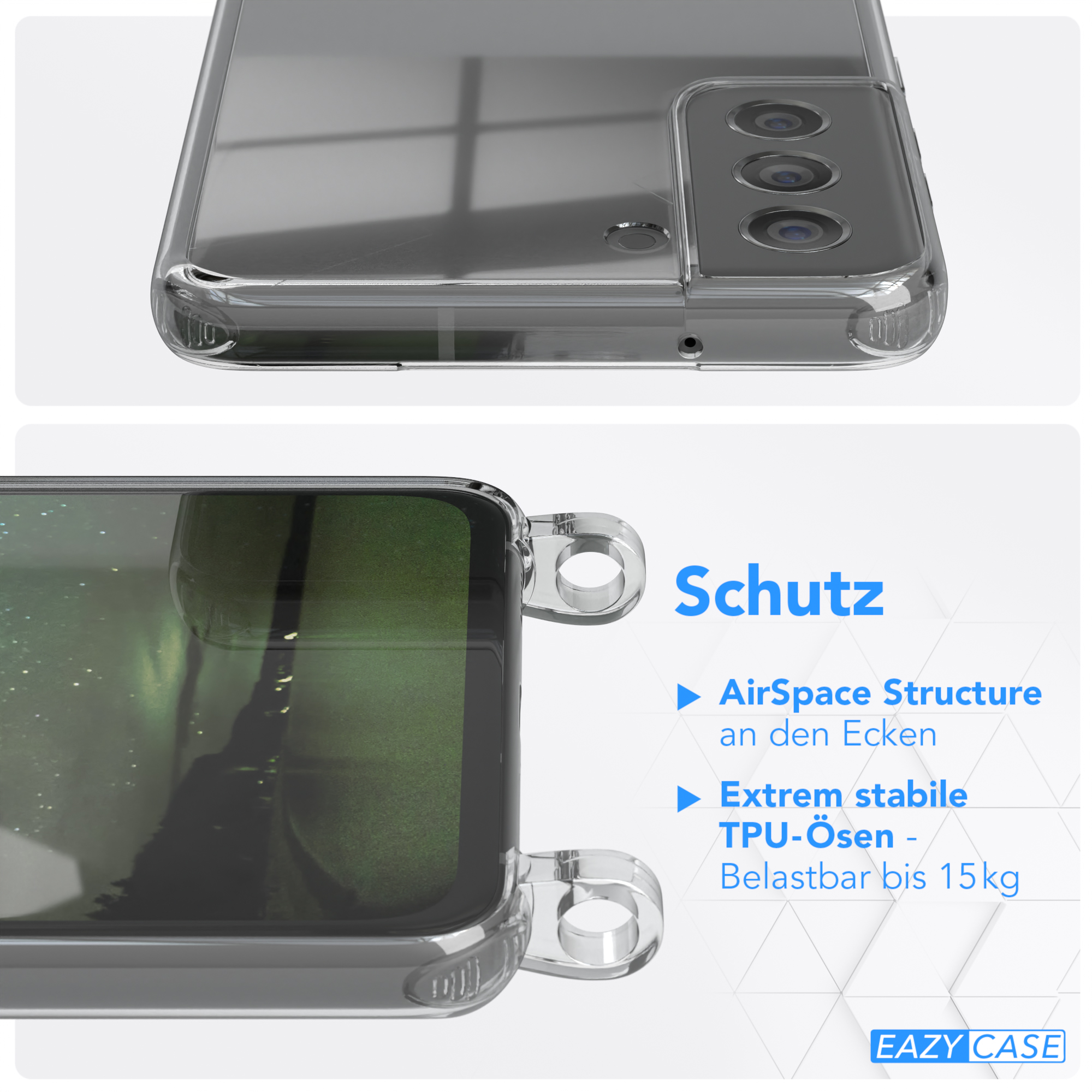 EAZY CASE Transparente Handyhülle + Karabiner, S21 Nachtgrün / Umhängetasche, mit FE runder Kordel 5G, Samsung, Gold Galaxy