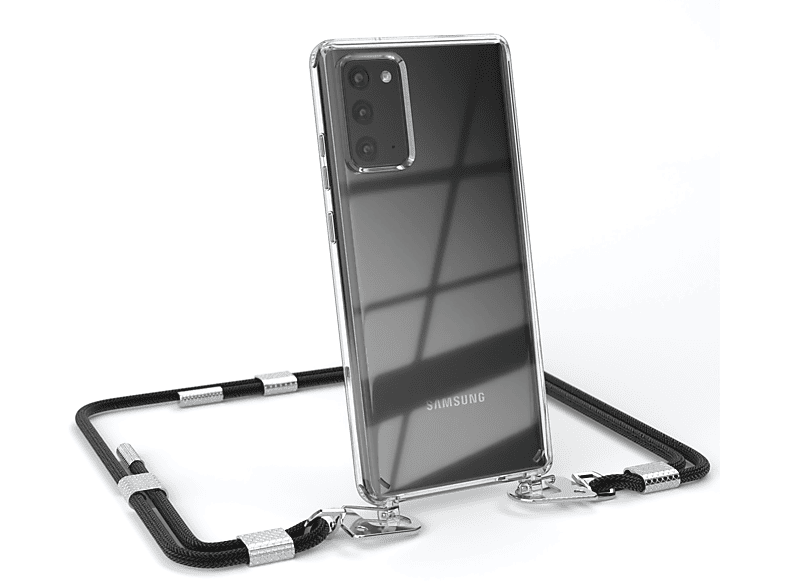 EAZY CASE Transparente Handyhülle mit runder Kordel + Karabiner, Umhängetasche, Samsung, Galaxy Note 20 / Note 20 5G, Schwarz / Silber